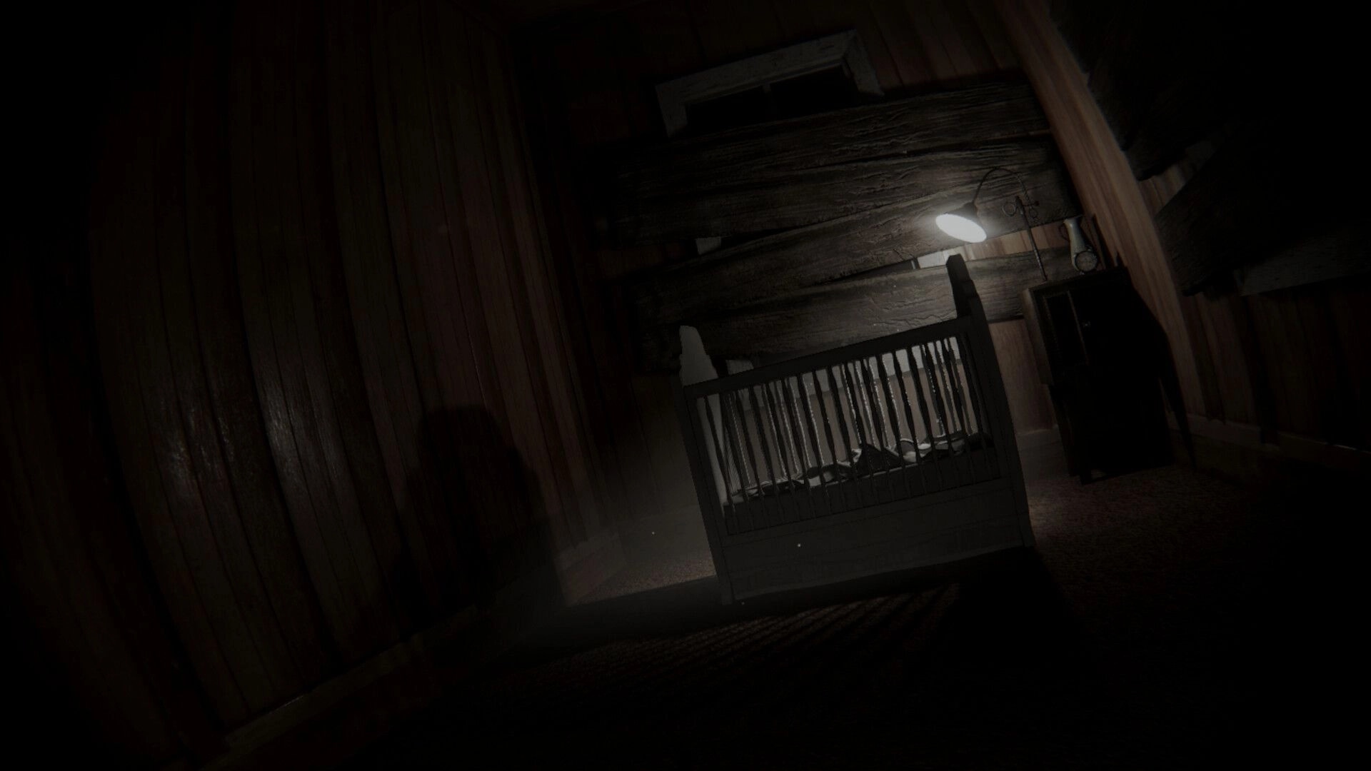Flick: Tilted first-person view of a crib under a lamp in a dim, wooden attic bedroom.