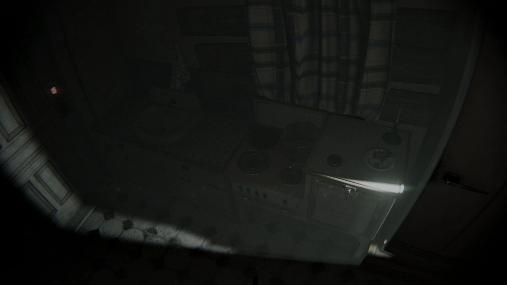 Flick: Dim first-person view of a grimy bathroom sink and shower curtain with heavy shadowing.