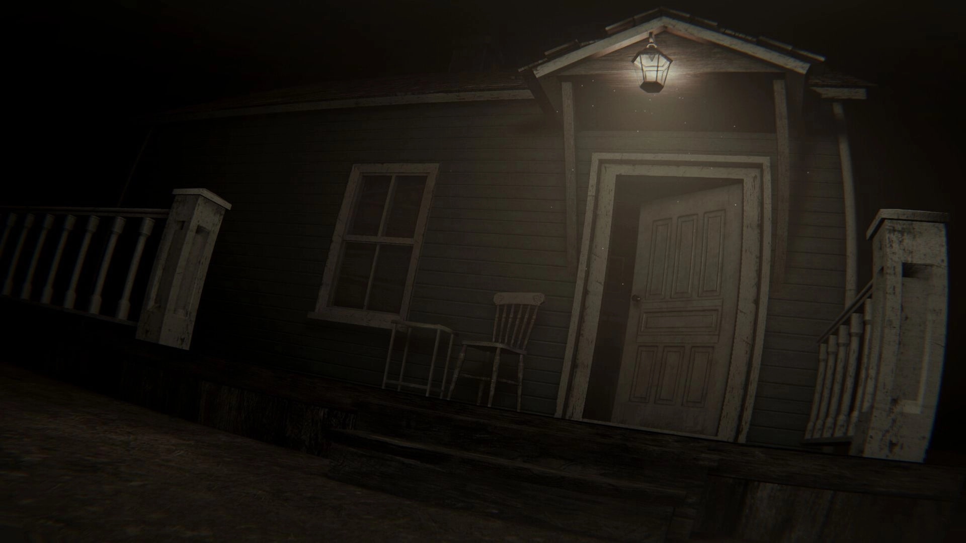 Flick: Dim porch light over a half-open front door, chair and window on a worn house porch at night.