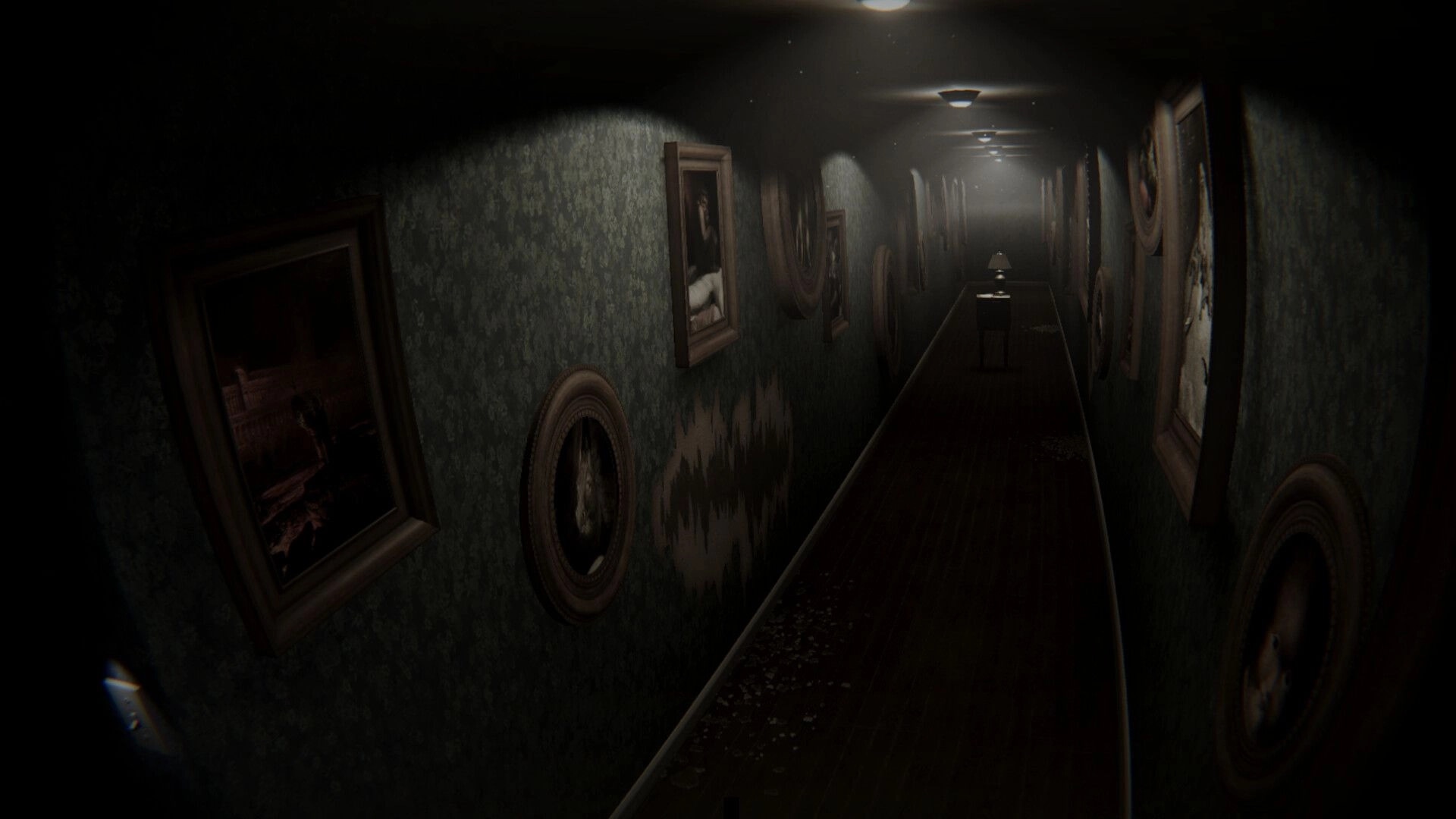 Flick: First-person view down a dim hallway with framed portraits, peeling wallpaper, and lamps.