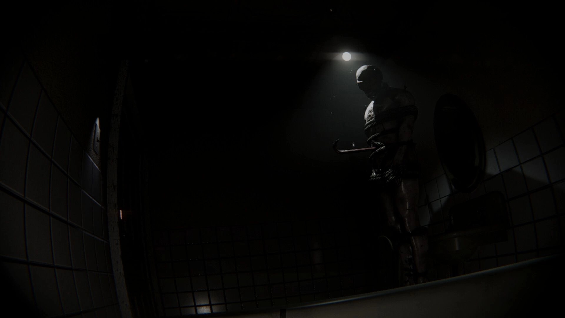 Flick: Shadowy figure grips a crowbar under a lone bulb in a grimy tiled bathroom stall.