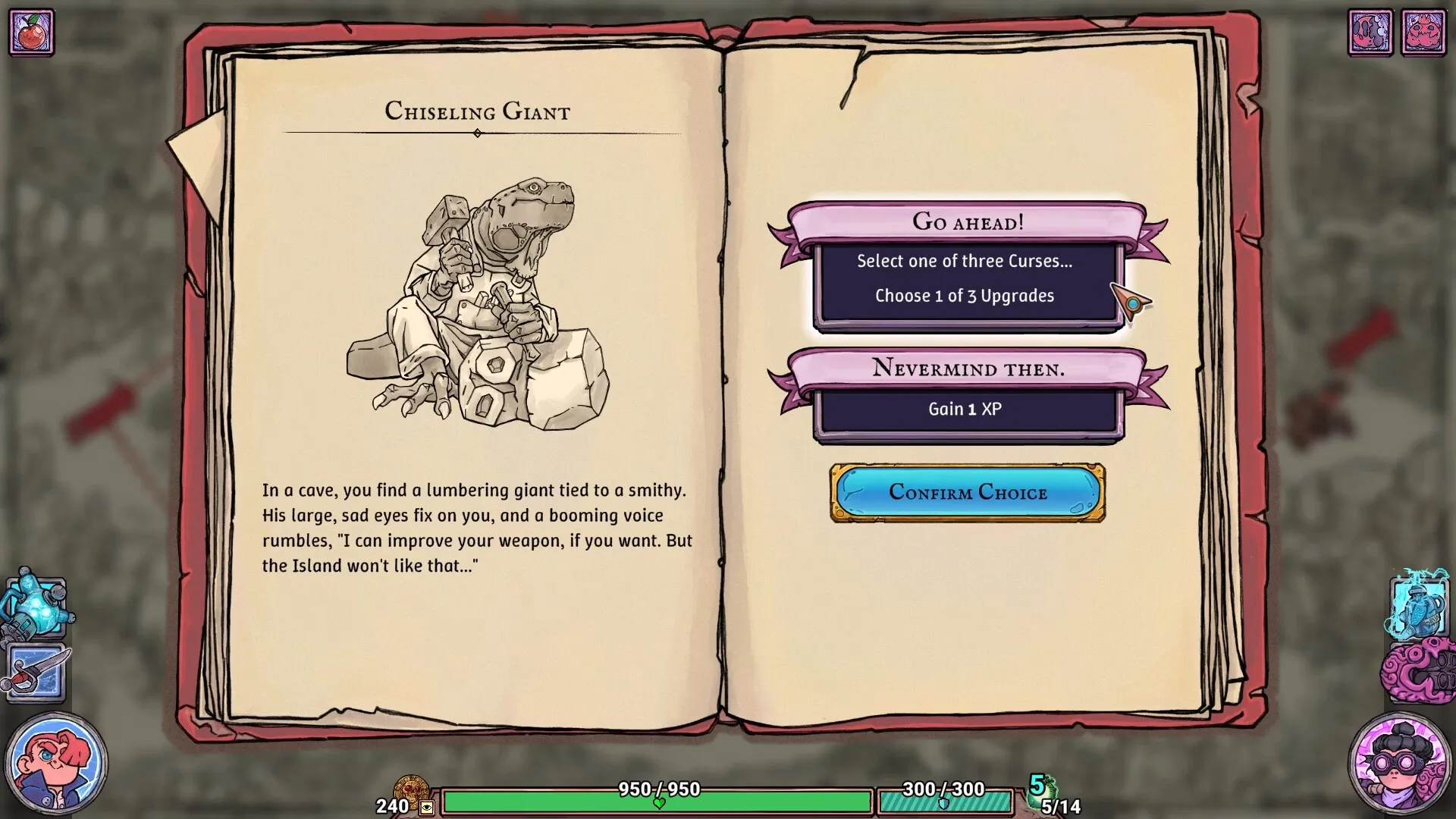 Flick Shot Rogues: Dialogue with Chiseling Giant offering curses and upgrades in a cave setting