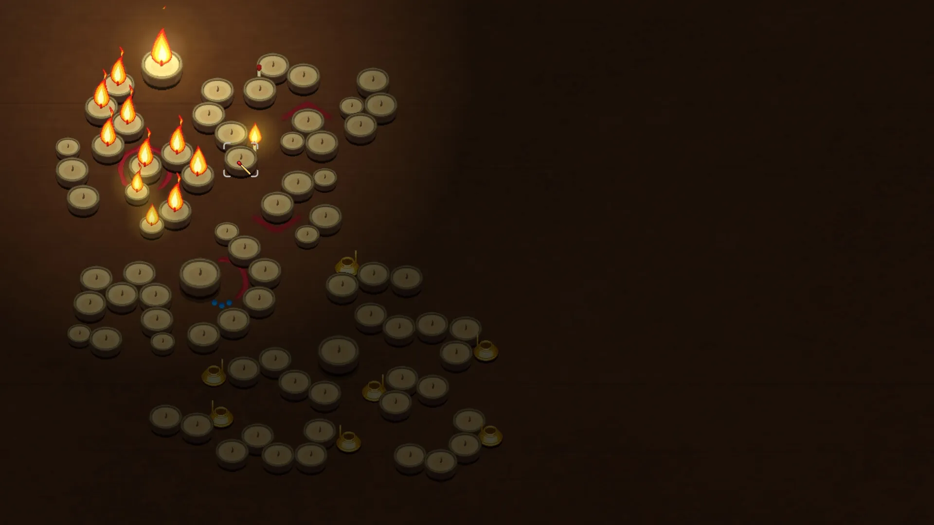 Flicker: Player navigates a grid of unlit and lit candles, aiming to ignite all before flame expires