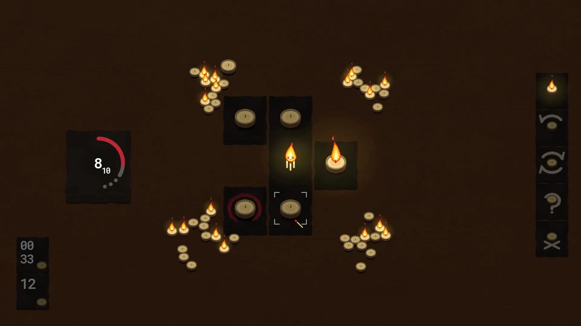 Flicker: Flame character navigates candle-lit grid with UI showing matchstick and flame count.