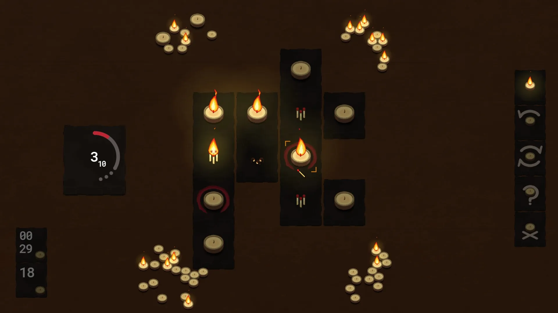 Flicker: Candle flame character navigates puzzle grid with unlit candles and matchsticks on display
