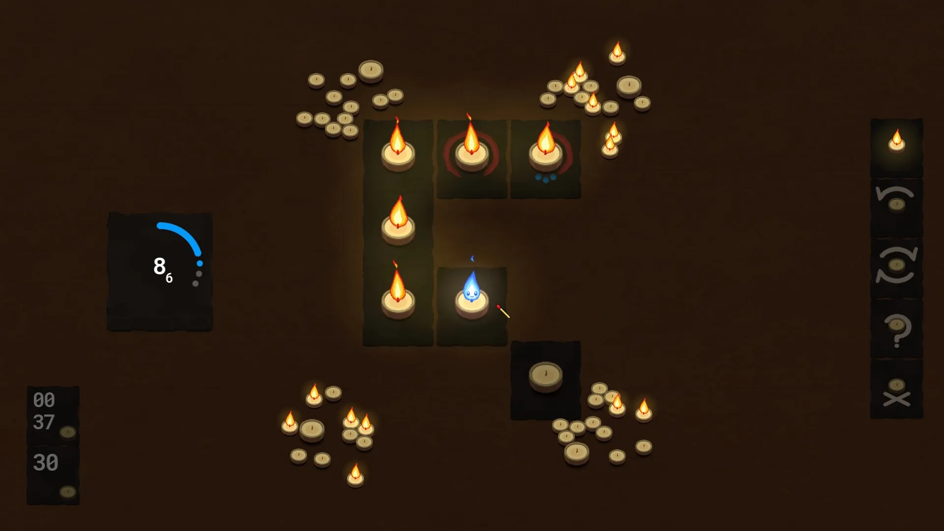 Flicker: A blue flame character hops between candles on a grid surrounded by unlit candles.