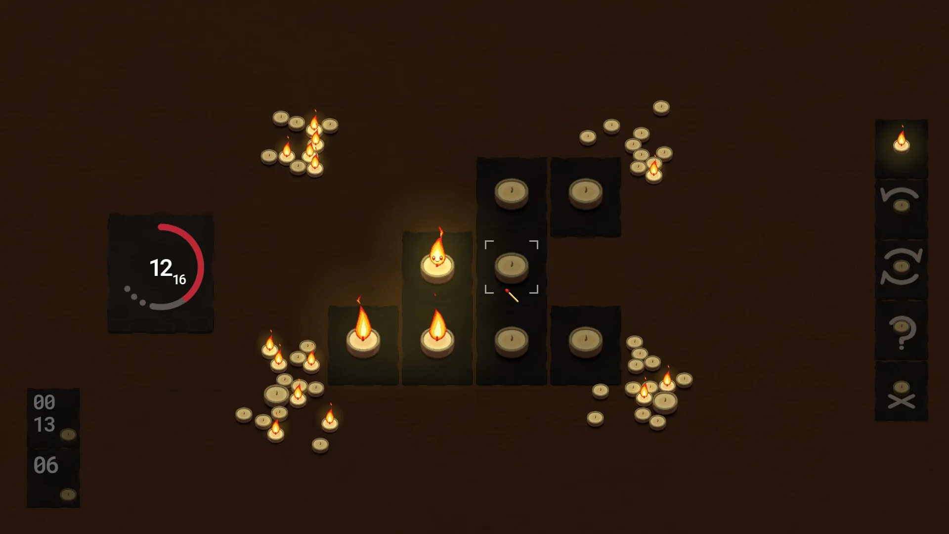 Flicker: Candle hopping puzzle with burning flames and unlit candles on dark tile grid background