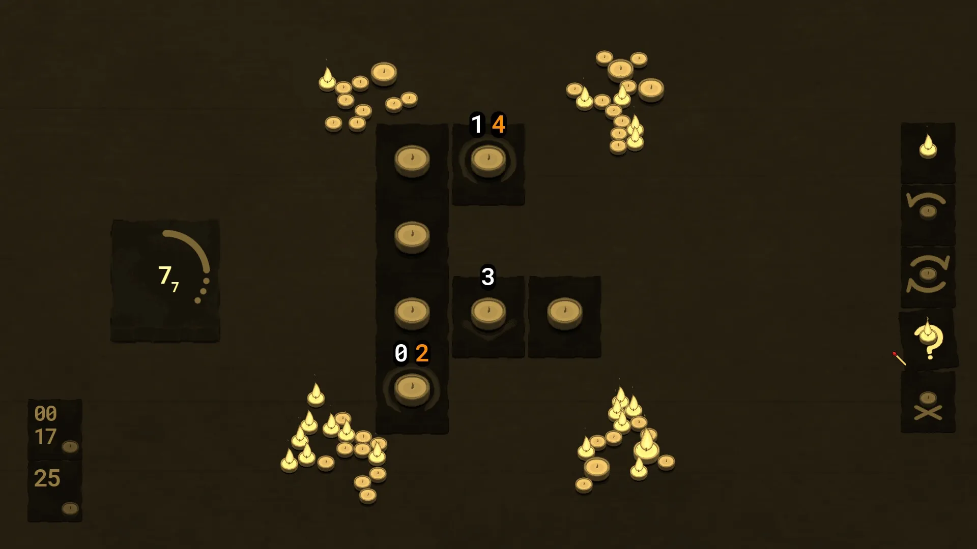 Flicker: Top-down puzzle with numbered candles, unlit matches, and flame icons on dark background