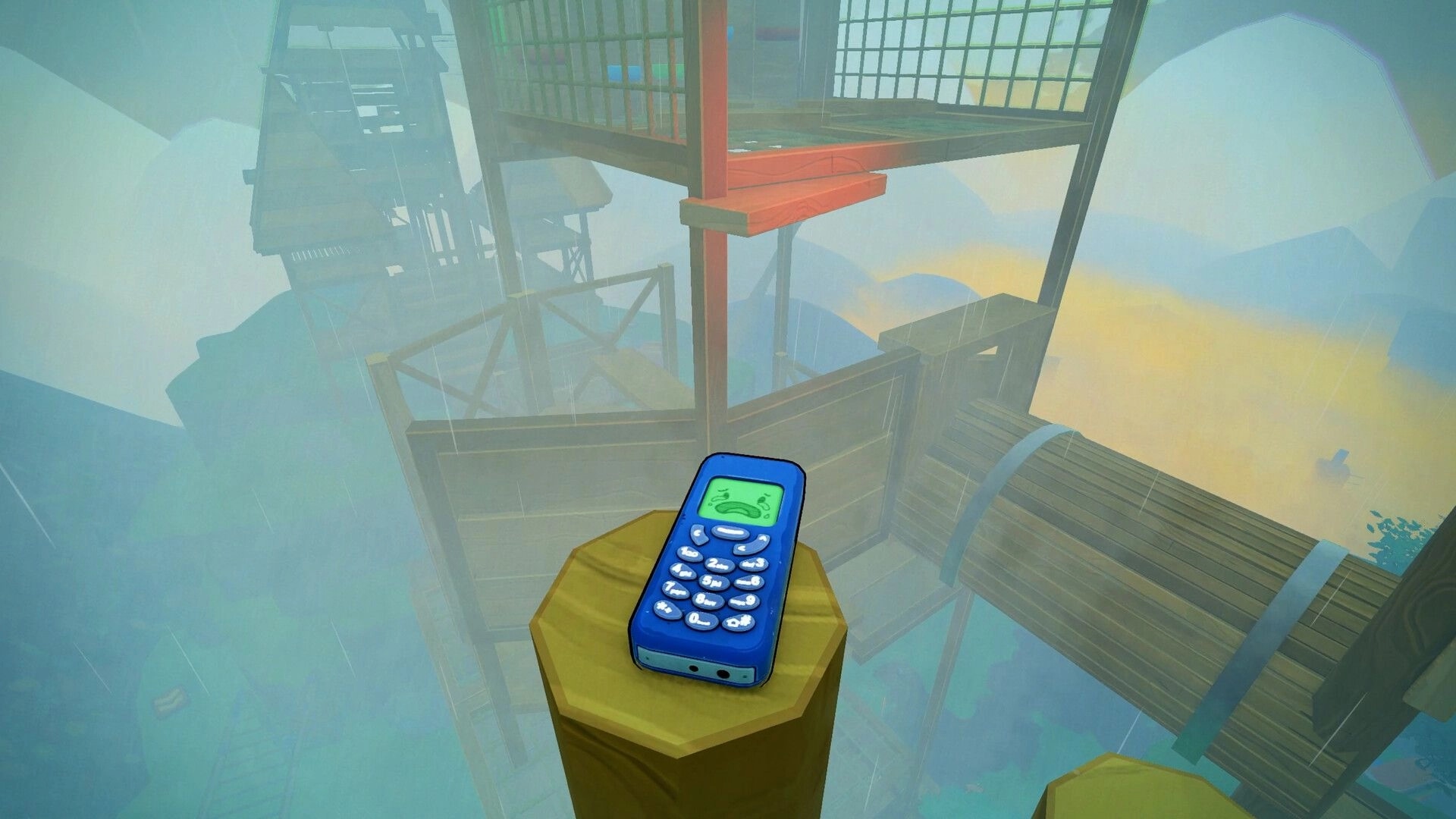 Flipping is Hard: Blue phone with sad face on pedestal in misty, wooden tower landscape