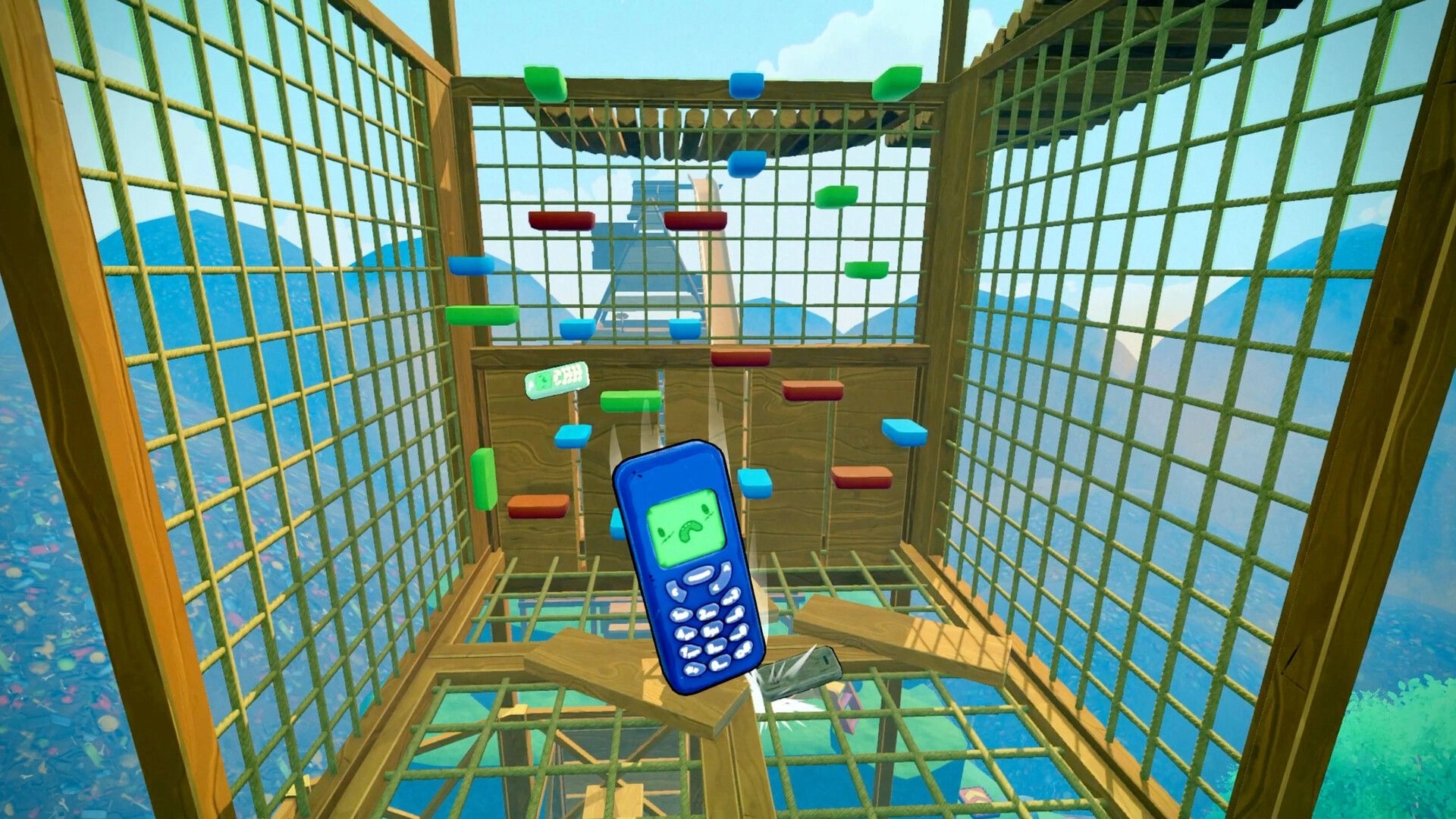 Flipping is Hard: A blue phone navigates floating platforms inside a wooden cage with mountains in view.