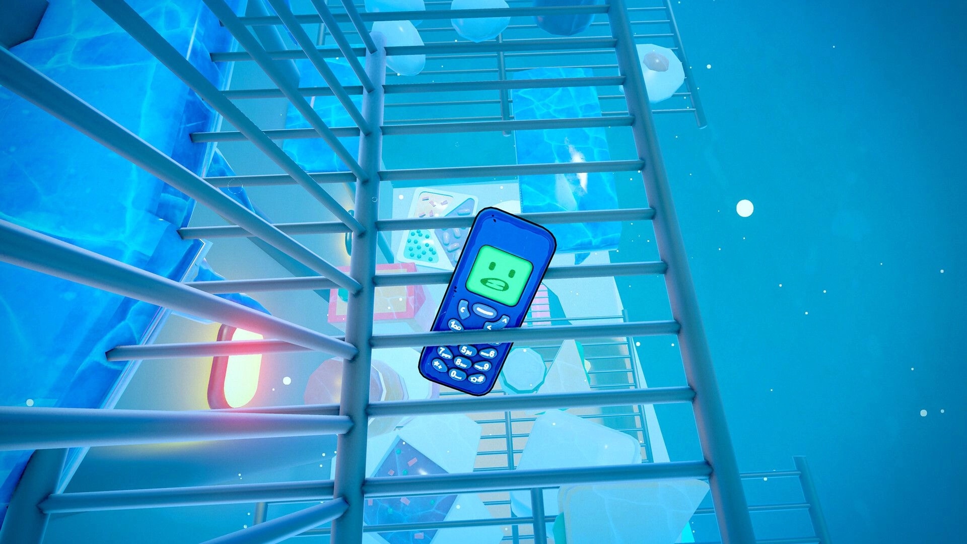 Flipping is Hard: Animated phone character stuck in a blue, icy environment with scattered objects.