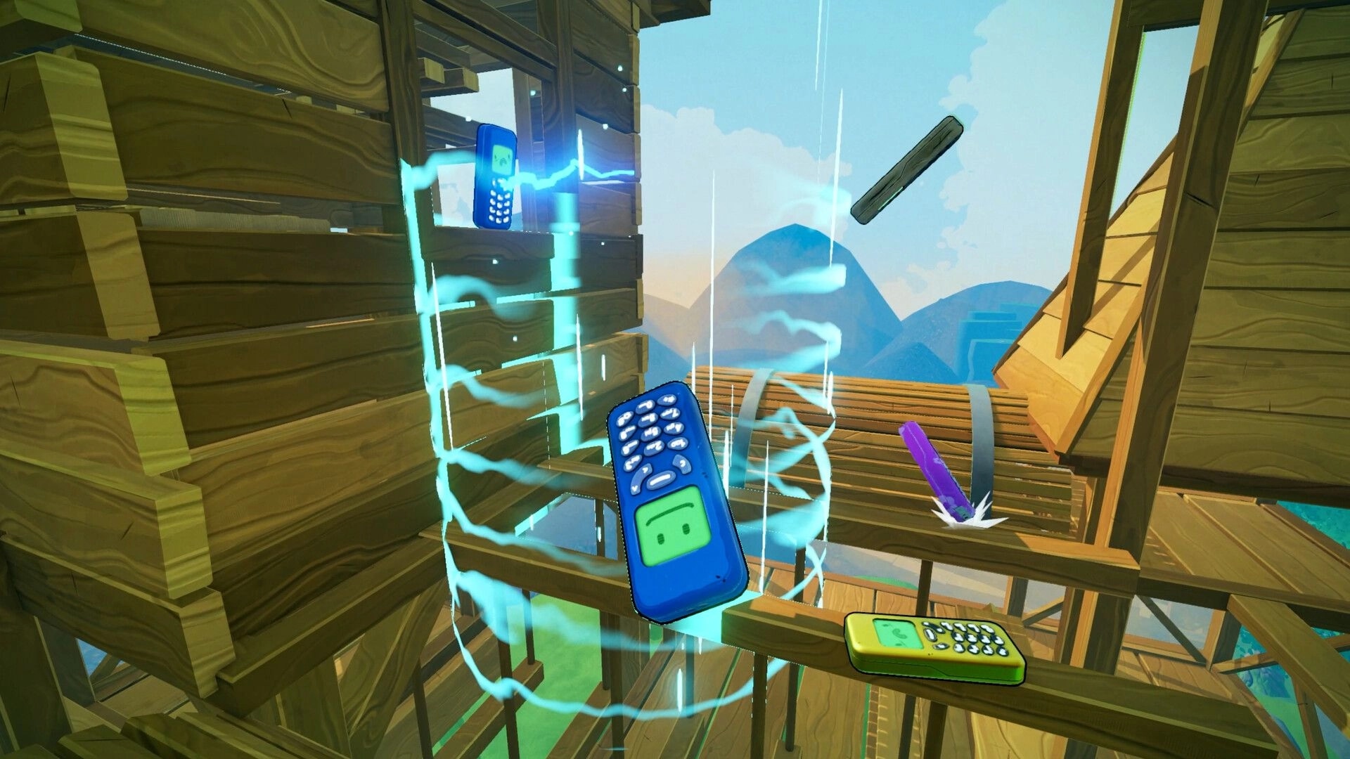 Flipping is Hard: Floating cell phones and purple pen within a wooden structure with mountains in the background.