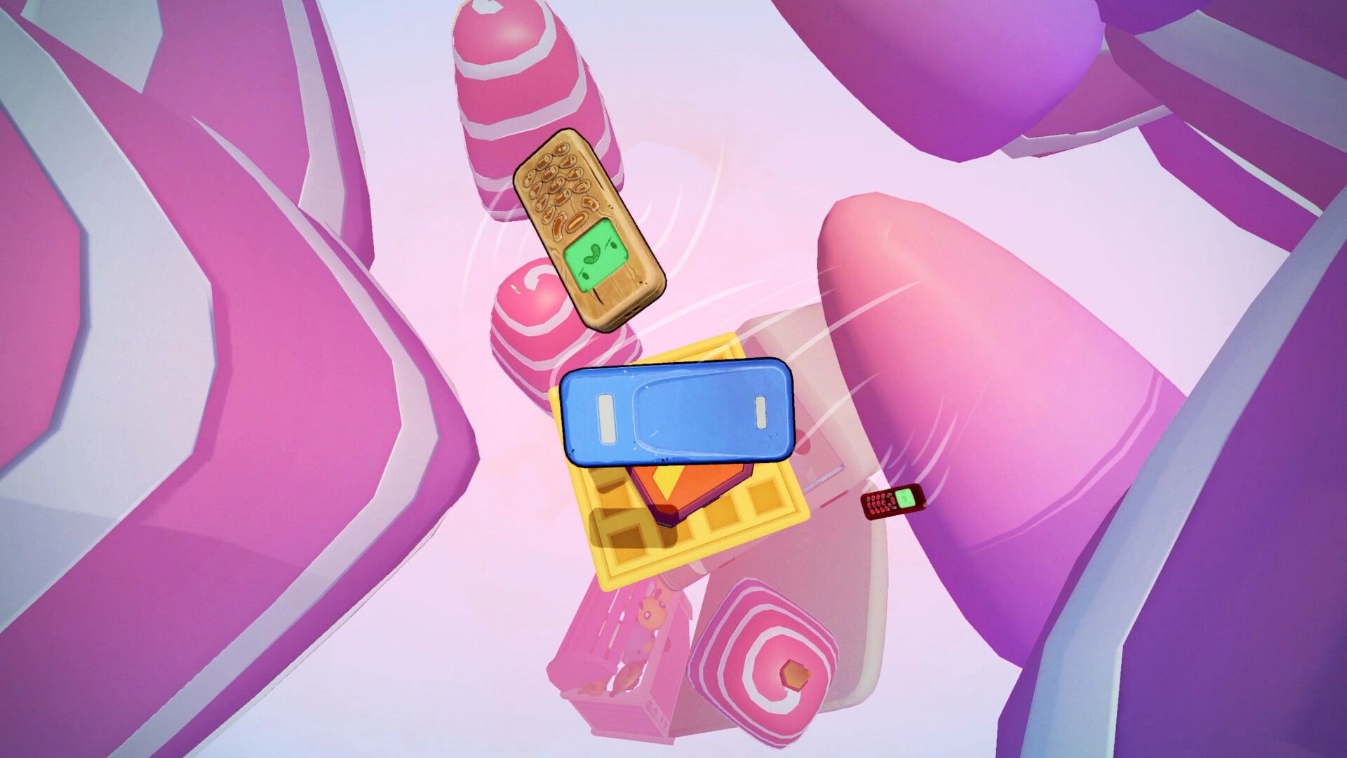 Flipping is Hard: Floating phones and waffles in a surreal pink candy-like landscape