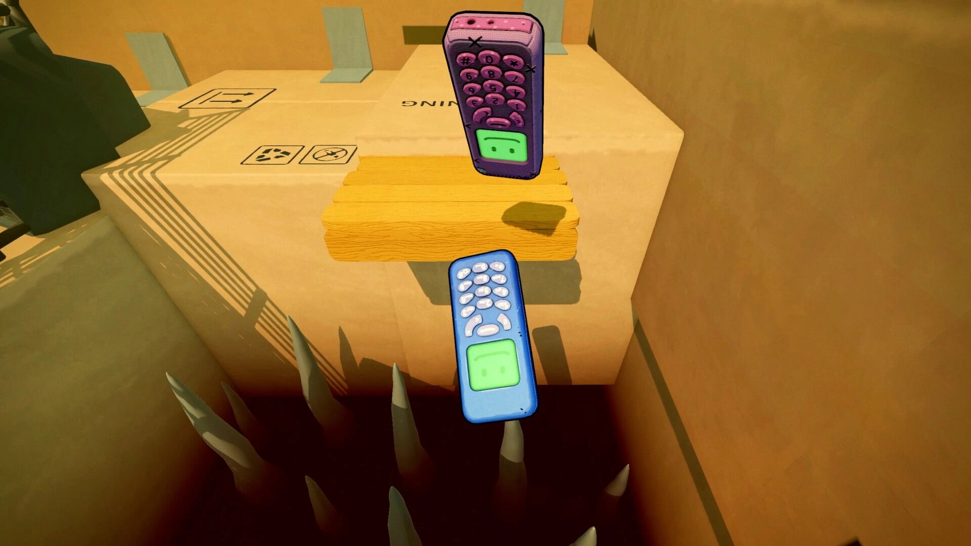 Flipping is Hard: Two mobile-shaped characters maneuver over spikes on cardboard platforms.