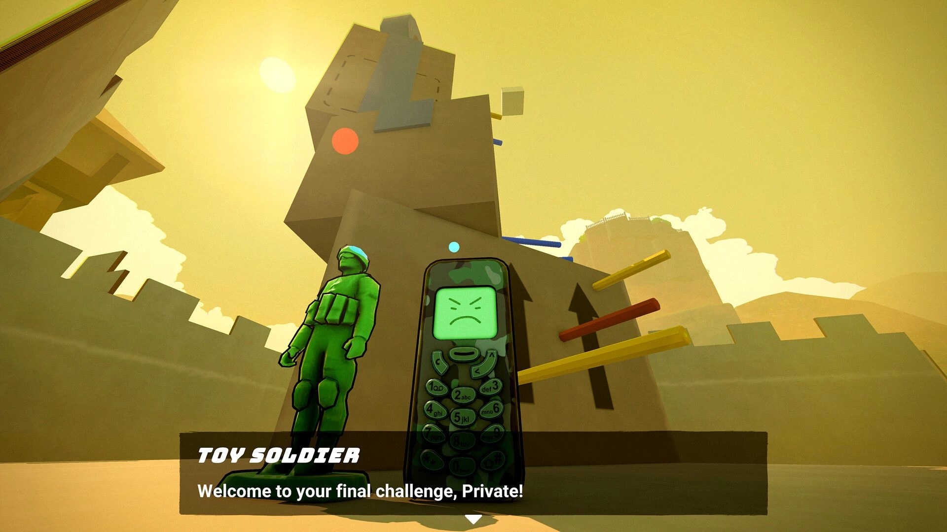 Flipping is Hard: Toy soldier beside a giant cellphone with arrows, in a surreal desert environment.