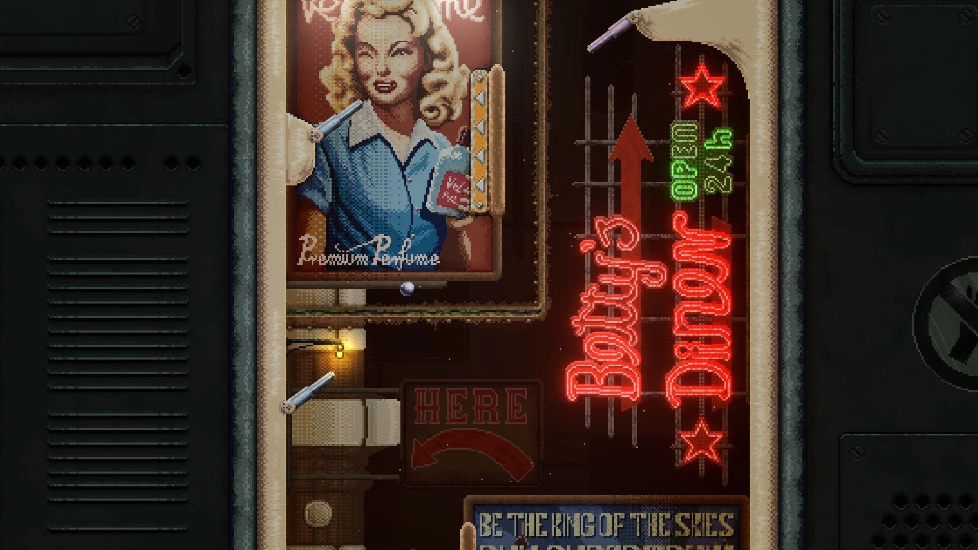 FlippUp: Pinball machine with vintage ad and neon signs in a retro diner setting.