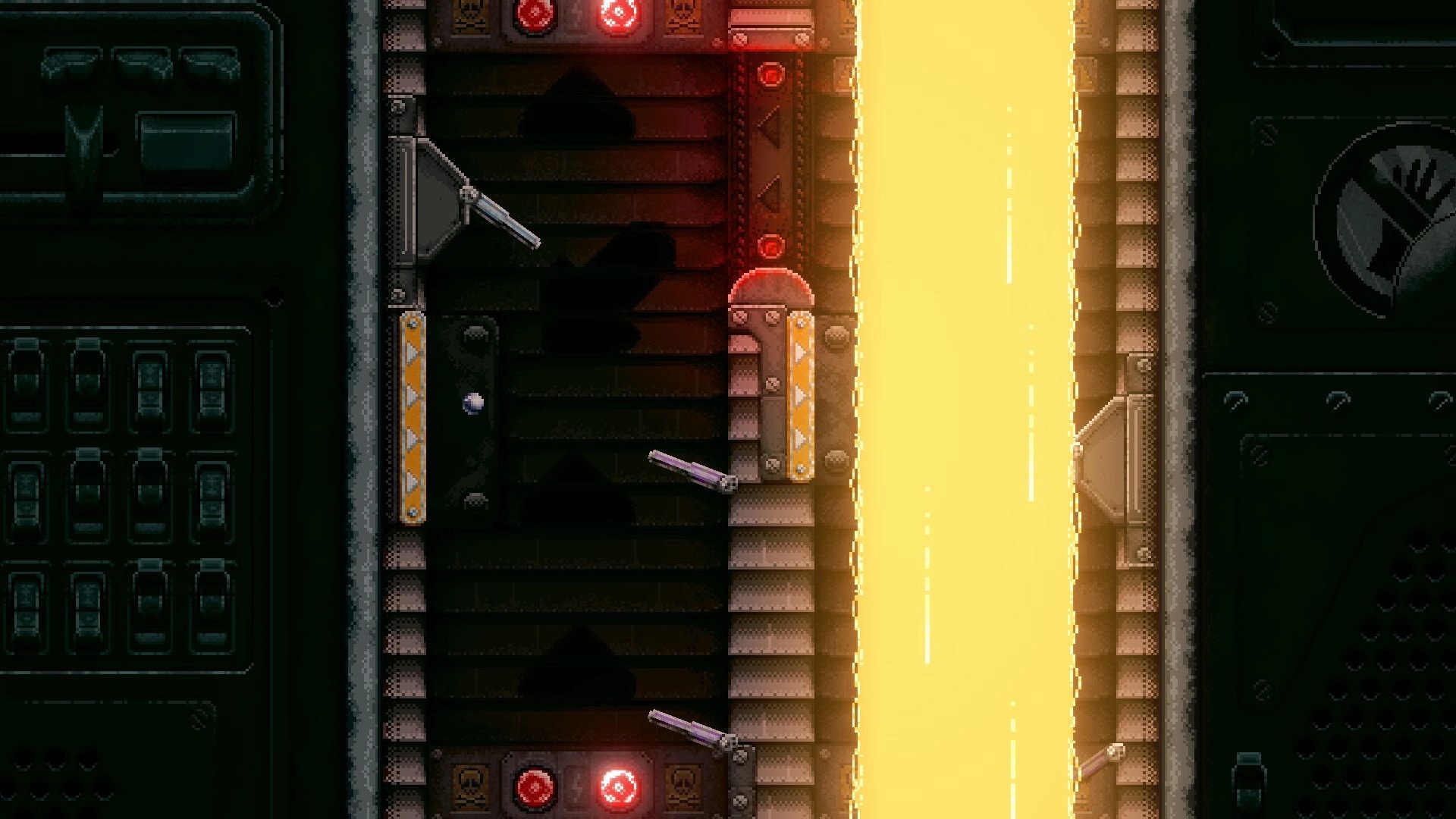 FlippUp: Vertical pinball platform with glowing yellow beam and mechanical levers on metal walls