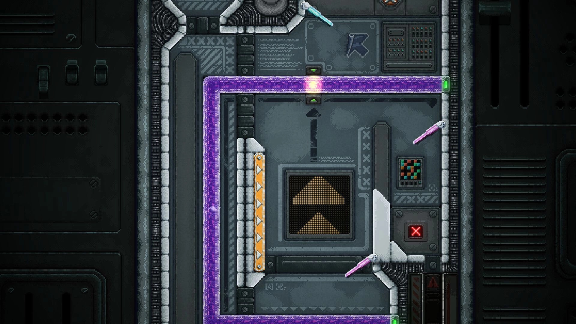 FlippUp: Purple energy beam navigating through metallic pinball machine with arrow indicators