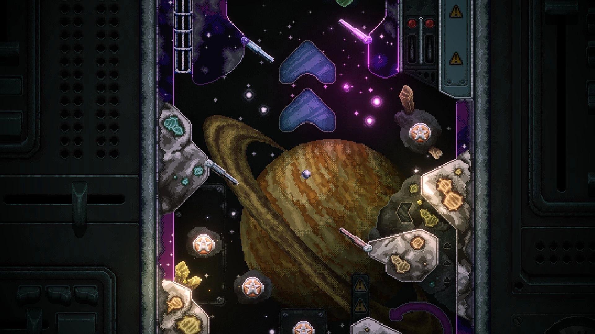 FlippUp: Pixelated pinball action in a cosmic setting with asteroids and a planet in the background