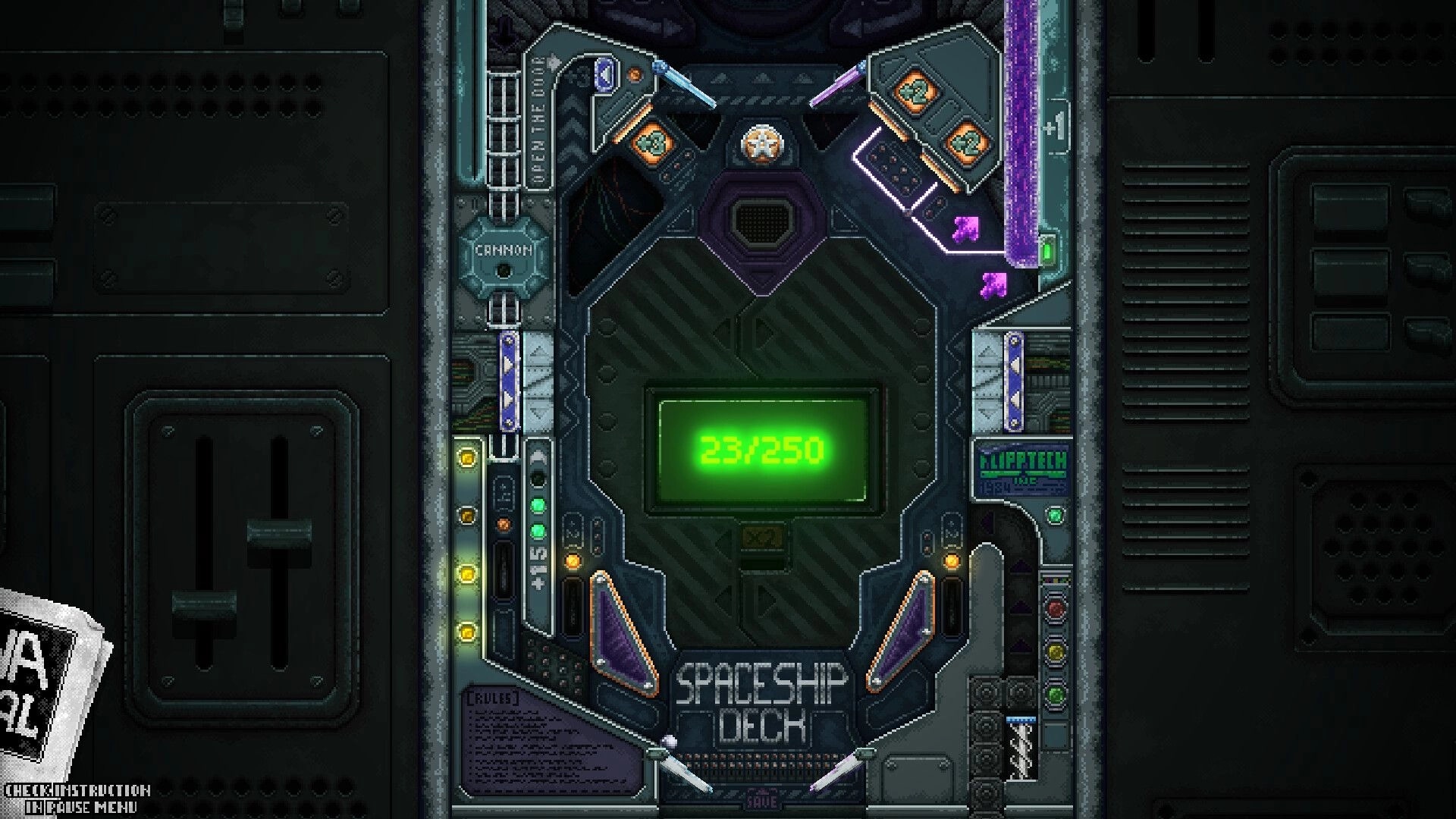 FlippUp: Display shows 23/250 on spaceship deck pinball machine with neon lights and controls.