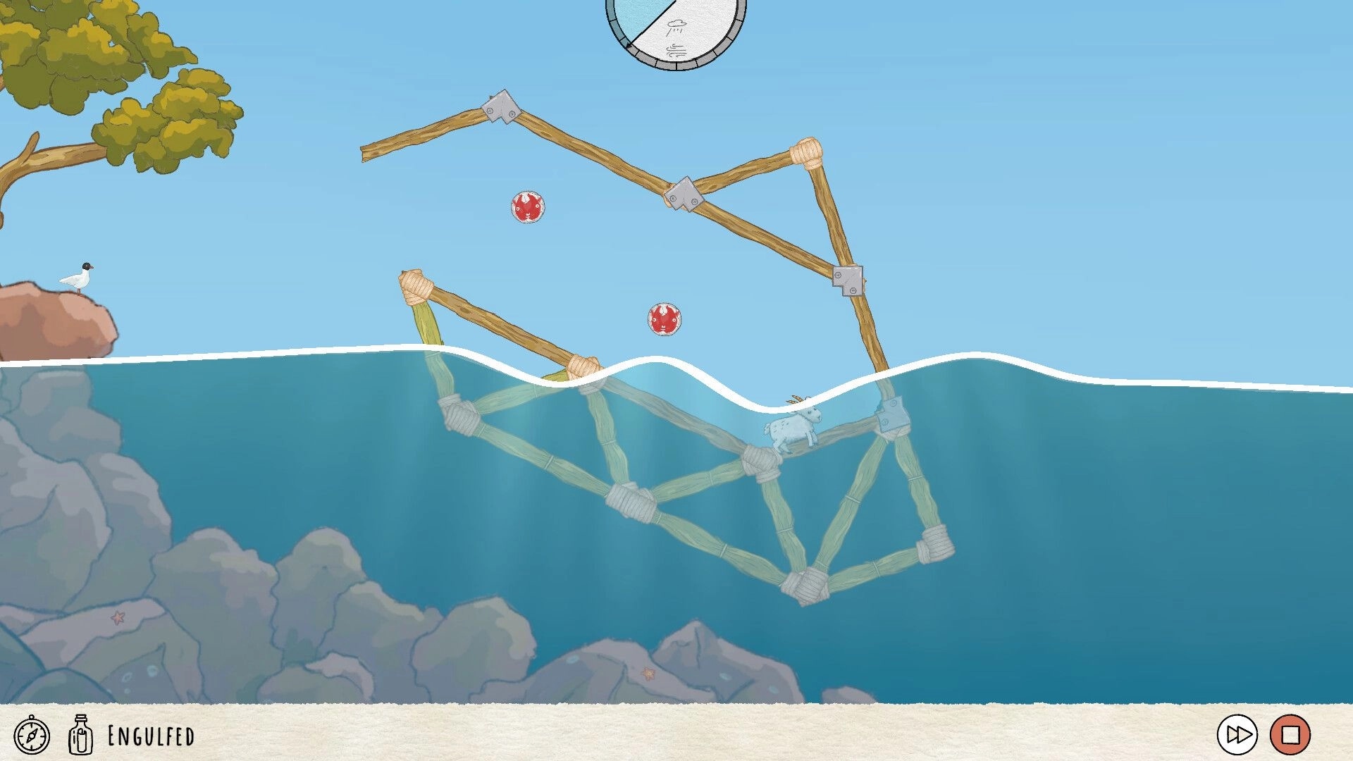 Float Your Goat: Goat on a partially submerged raft with wooden beams in a calm sea setting.