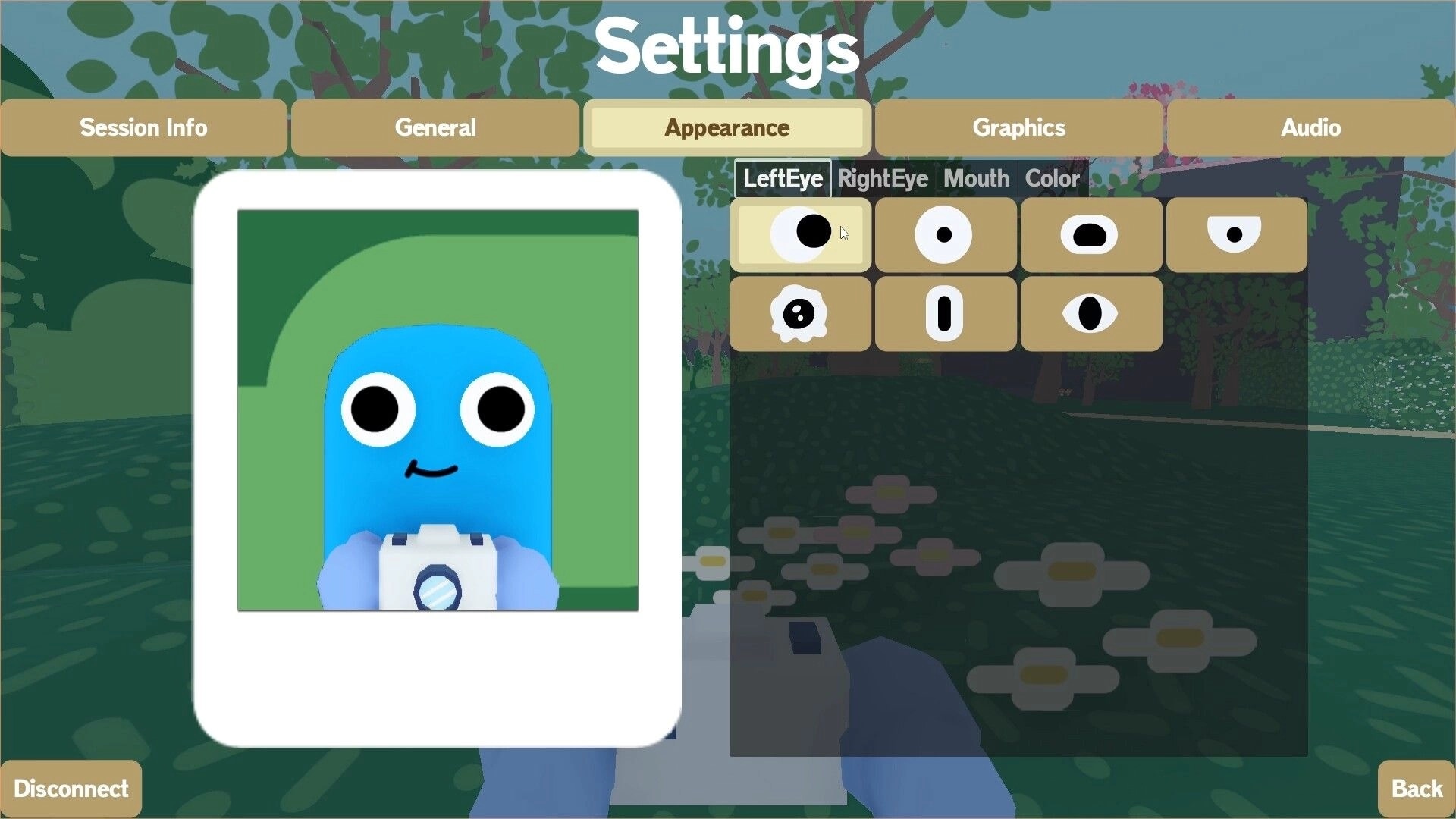 Flock Around: Character appearance settings with eye customization in a forest-themed background