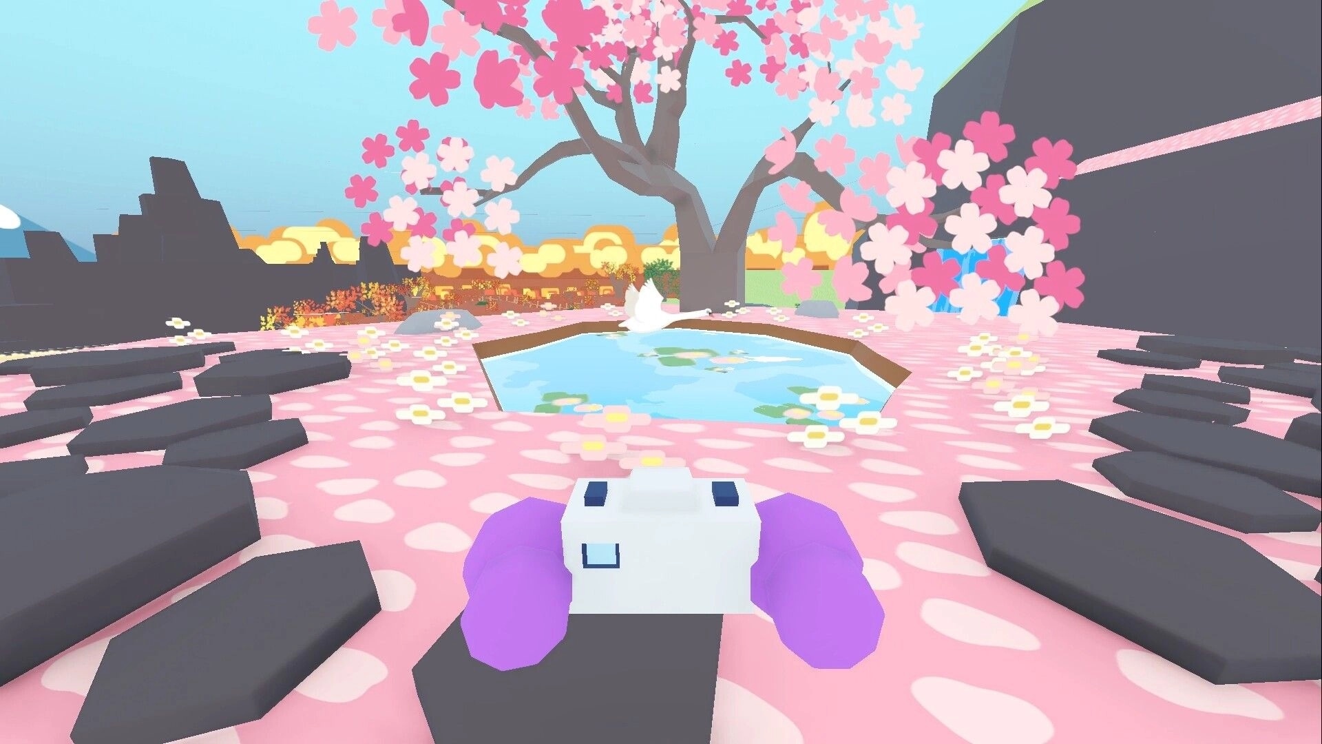 Flock Around: Birdwatching under cherry blossoms near a pond, player holding binoculars in nature sanctuary.