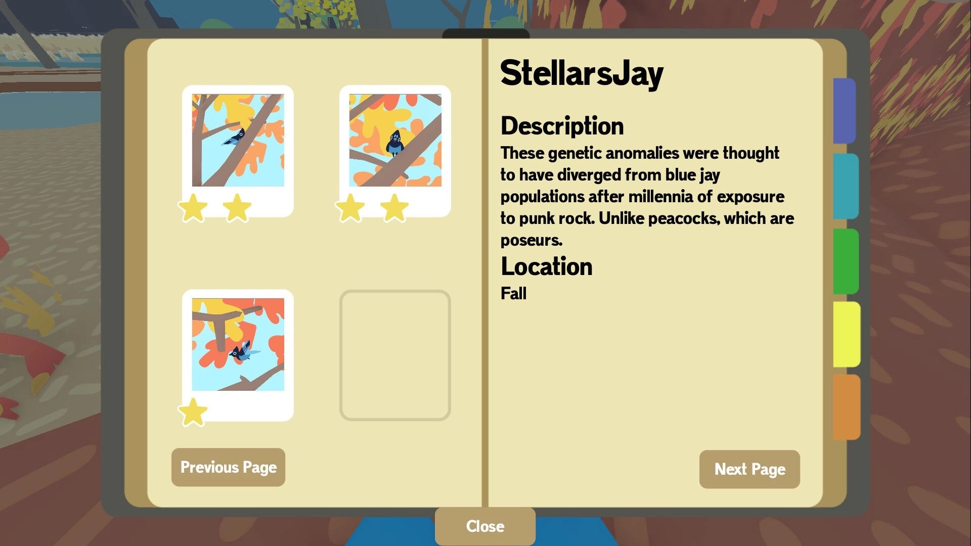 Flock Around: Bird guide page showing StellarsJay description and two photos with star ratings