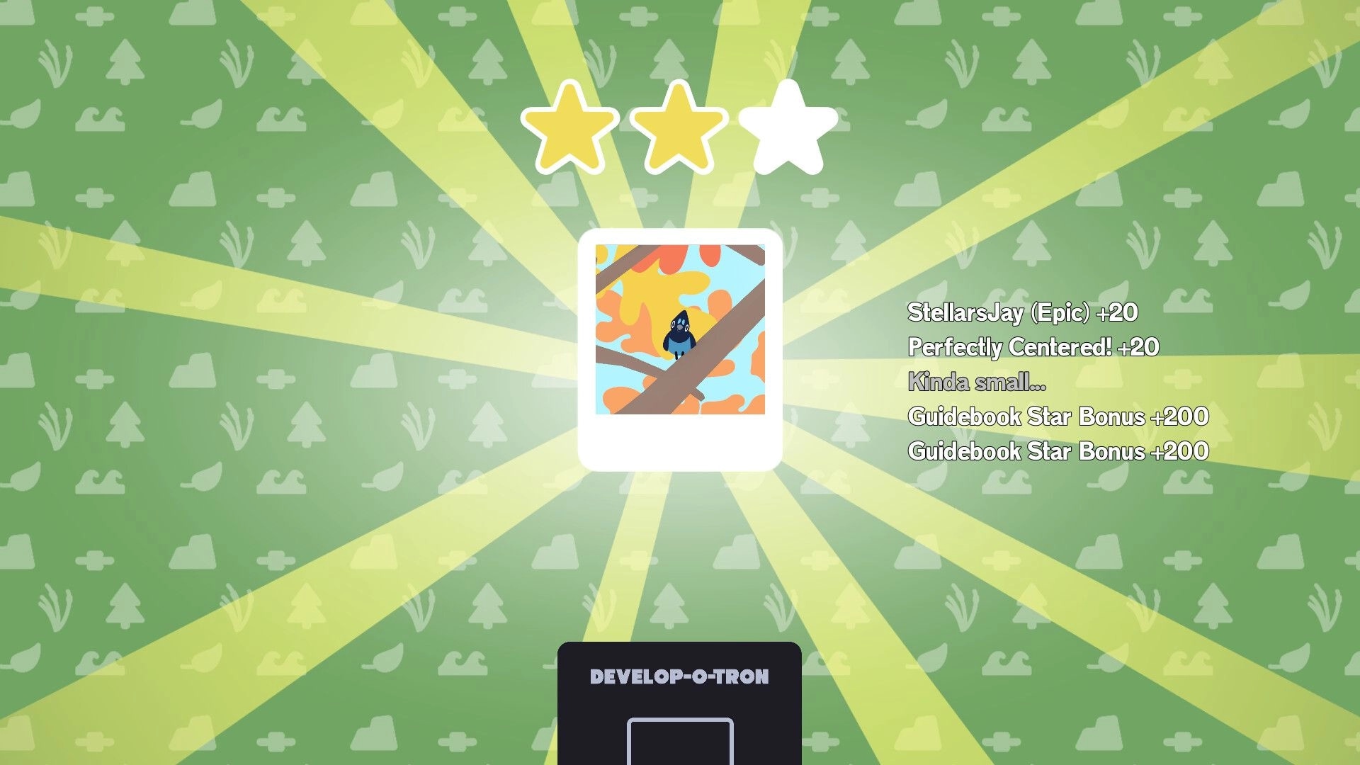 Flock Around: Photo of StellarsJay on branch with two stars earned, bonuses listed on forest background