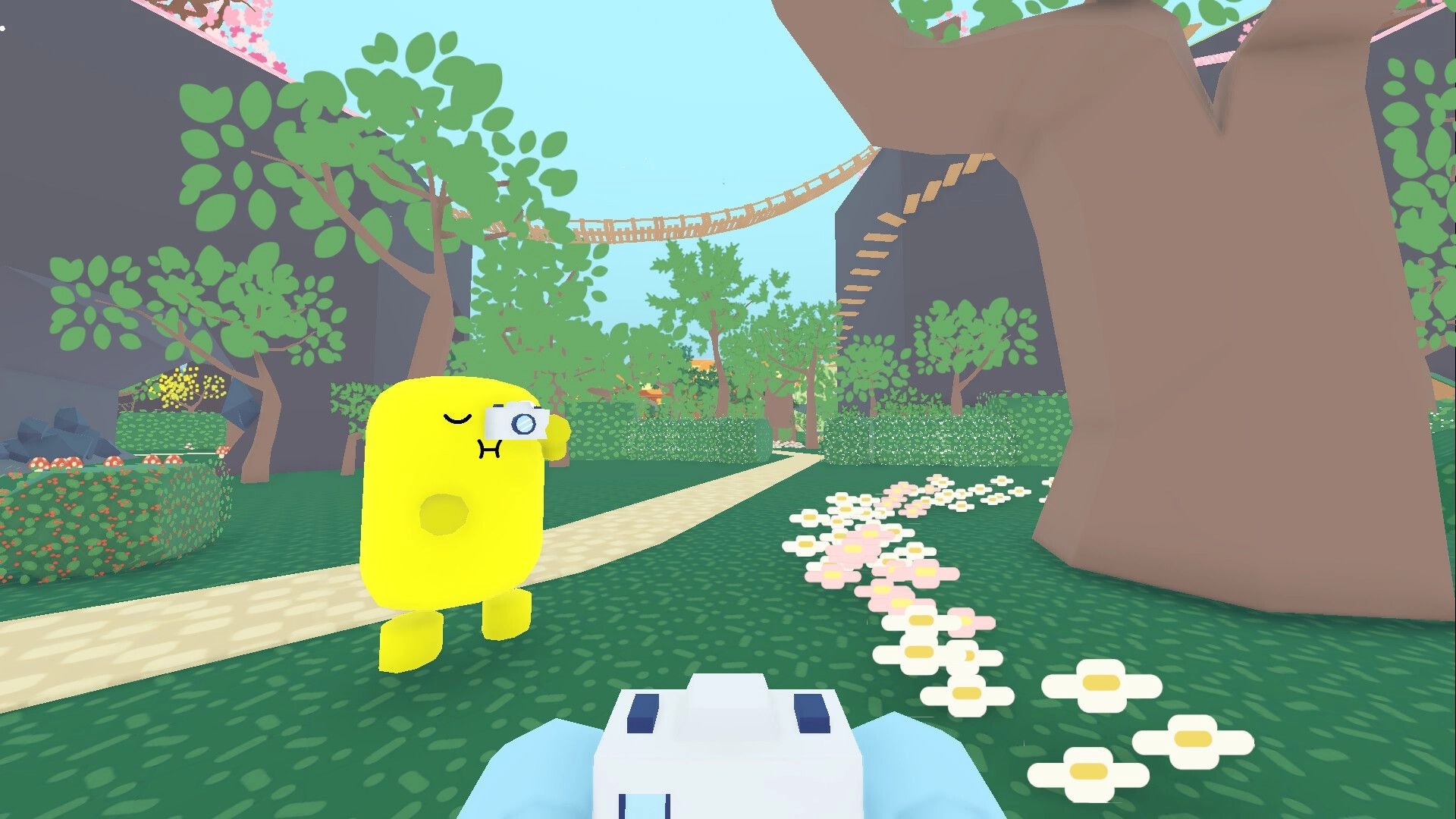Flock Around: Yellow character with camera in lush garden path, trees and flowers in background