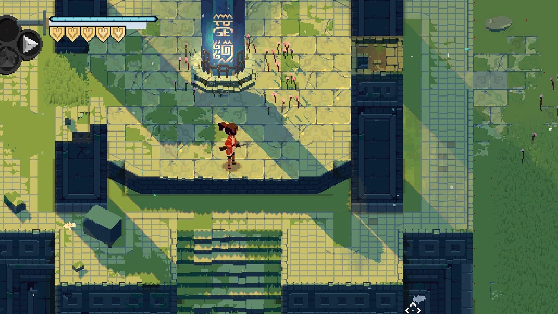 Flooded Burials: Character explores ancient stone platform with glowing pillar and health bar visible.