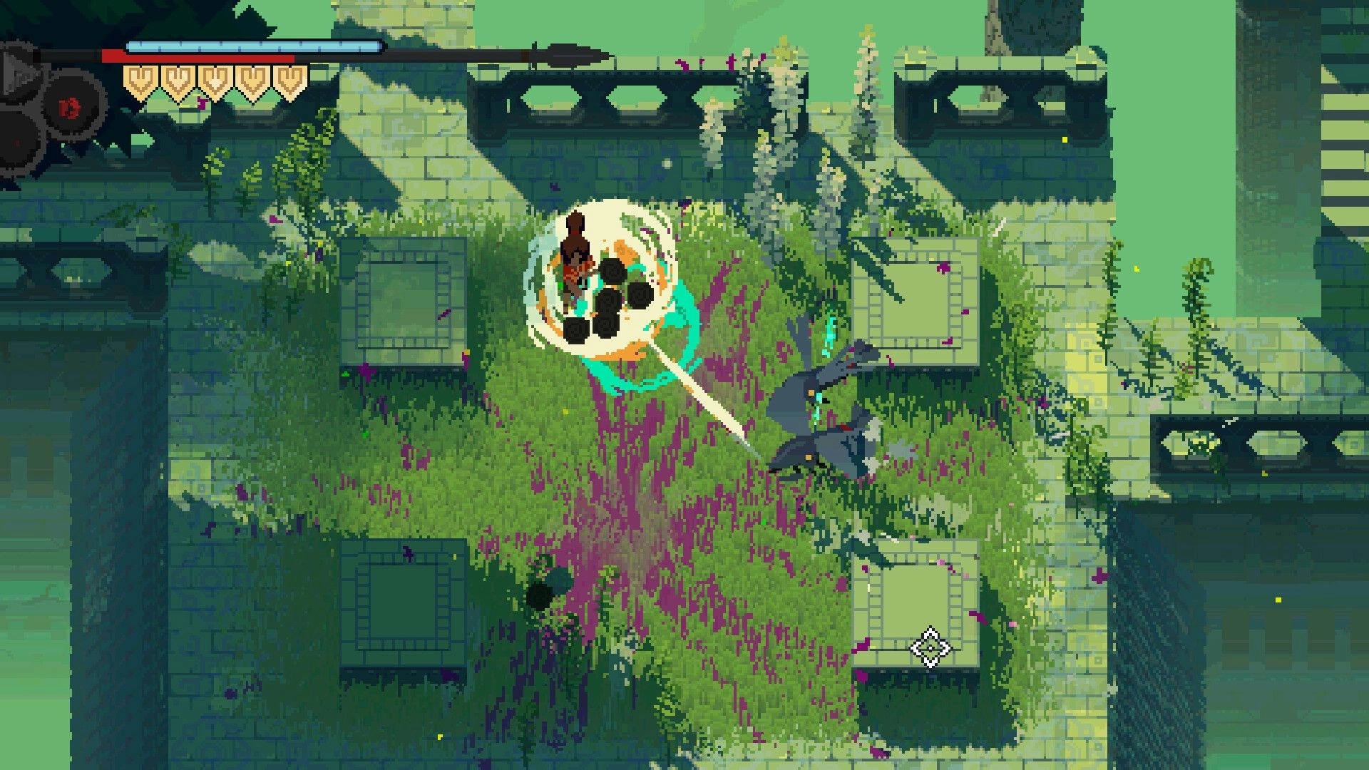 Flooded Burials: Character performs a spin attack on shadow creatures in a moss-covered stone courtyard.