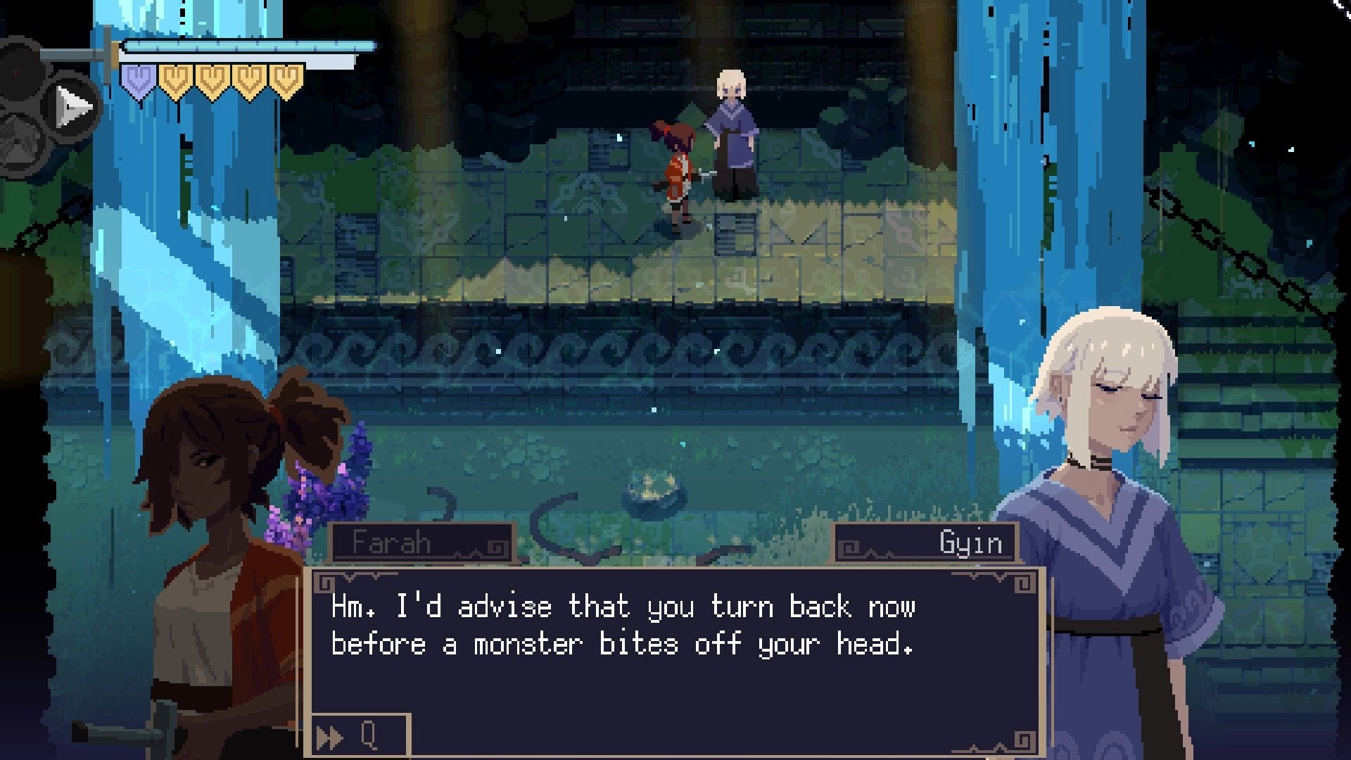 Flooded Burials: Farah and Gyin conversing on a stone platform above a flooded area with dialogue box.