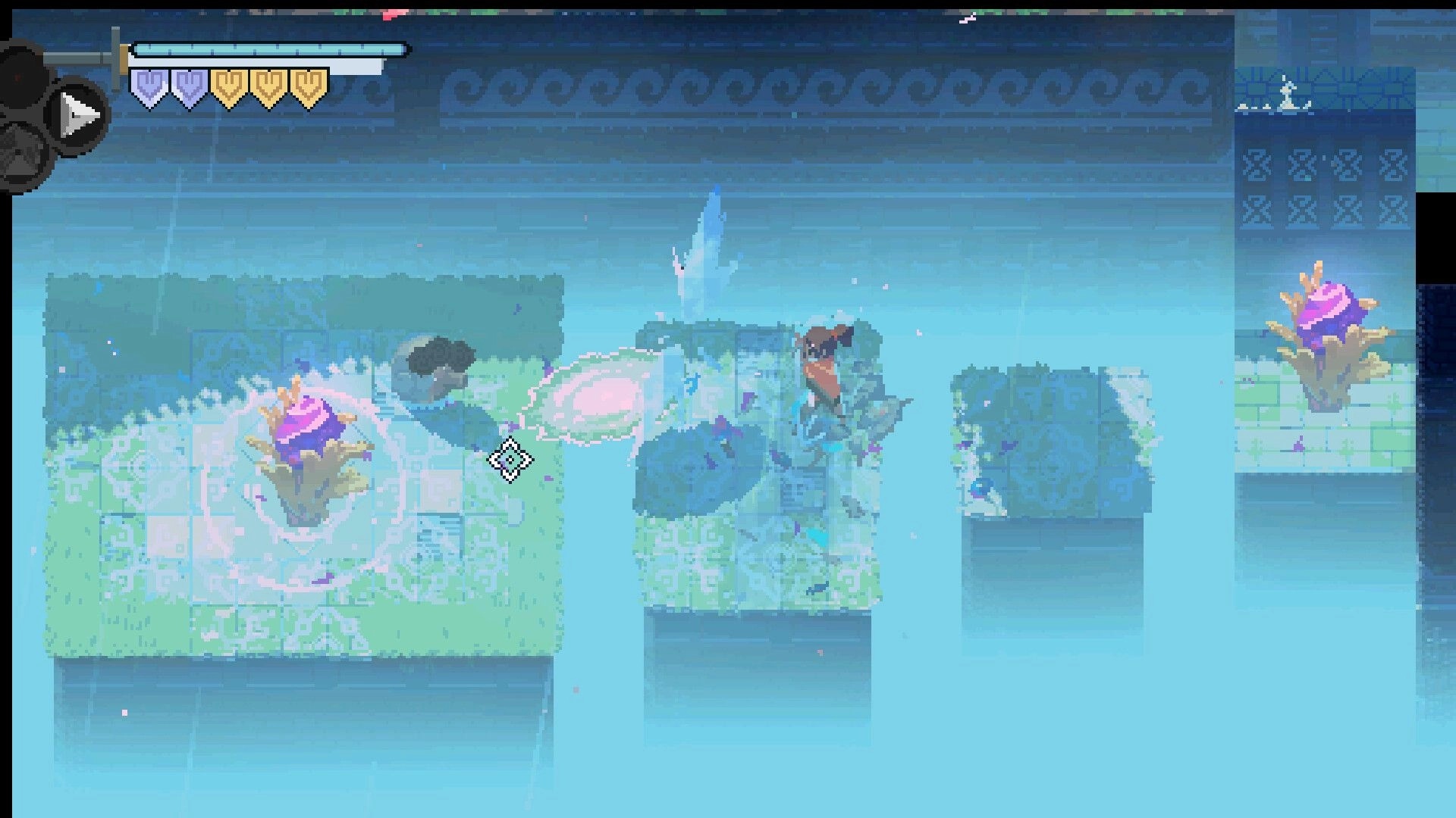 Flooded Burials: Character navigates floating platforms with health bar and magic plants in sunken tower