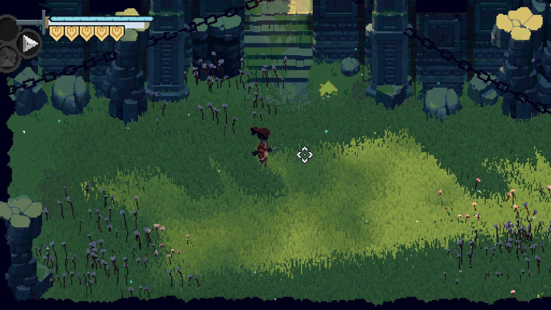 Flooded Burials: Character exploring grassy area with pillars and health bar visible in sunken tower