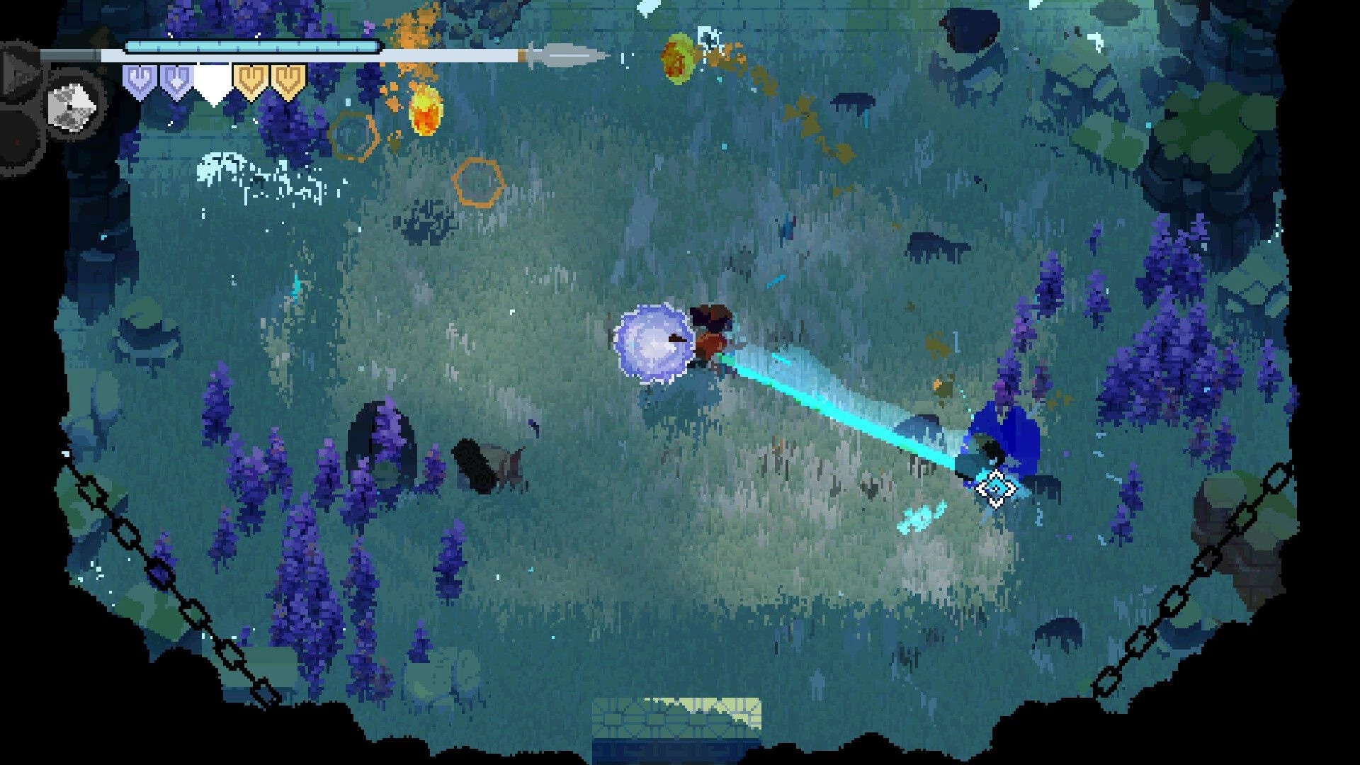 Flooded Burials: Player engaging in combat with magical beam in underwater ruins environment