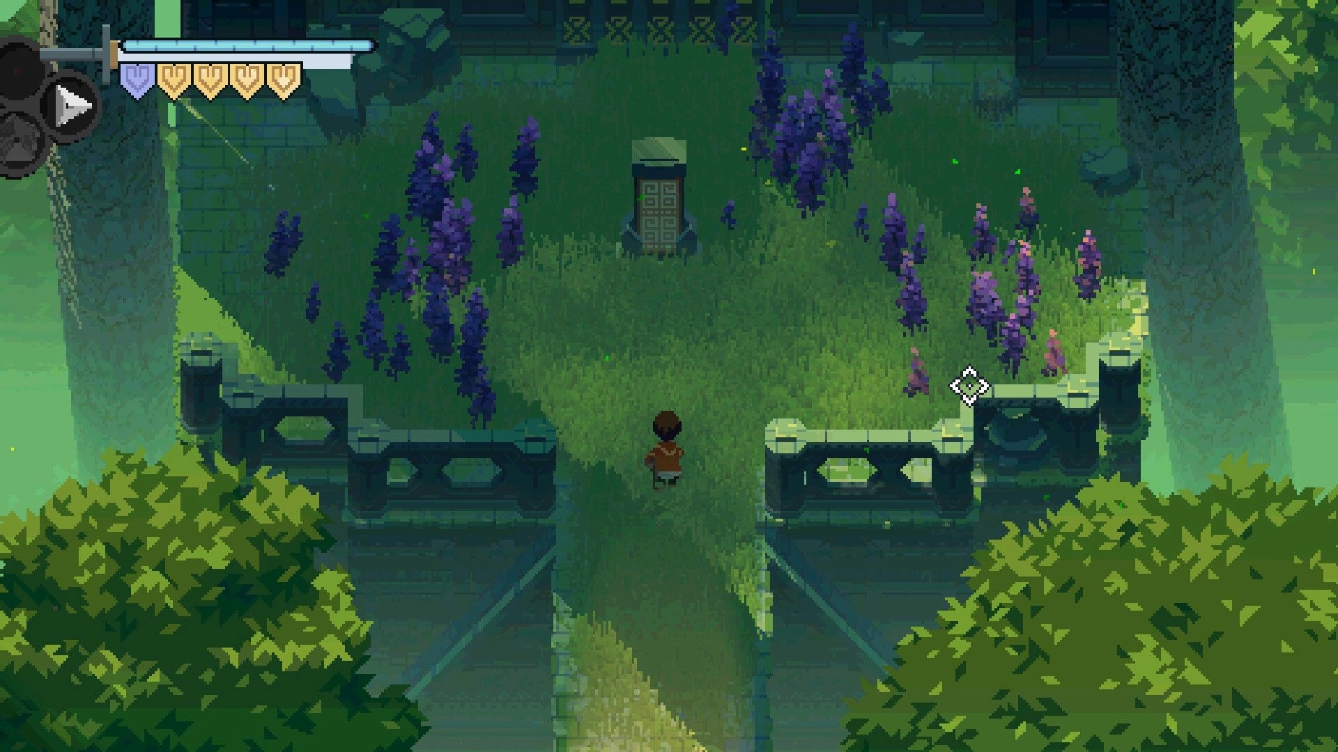 Flooded Burials: Character exploring overgrown courtyard with stone monument in a lush, sunken tower