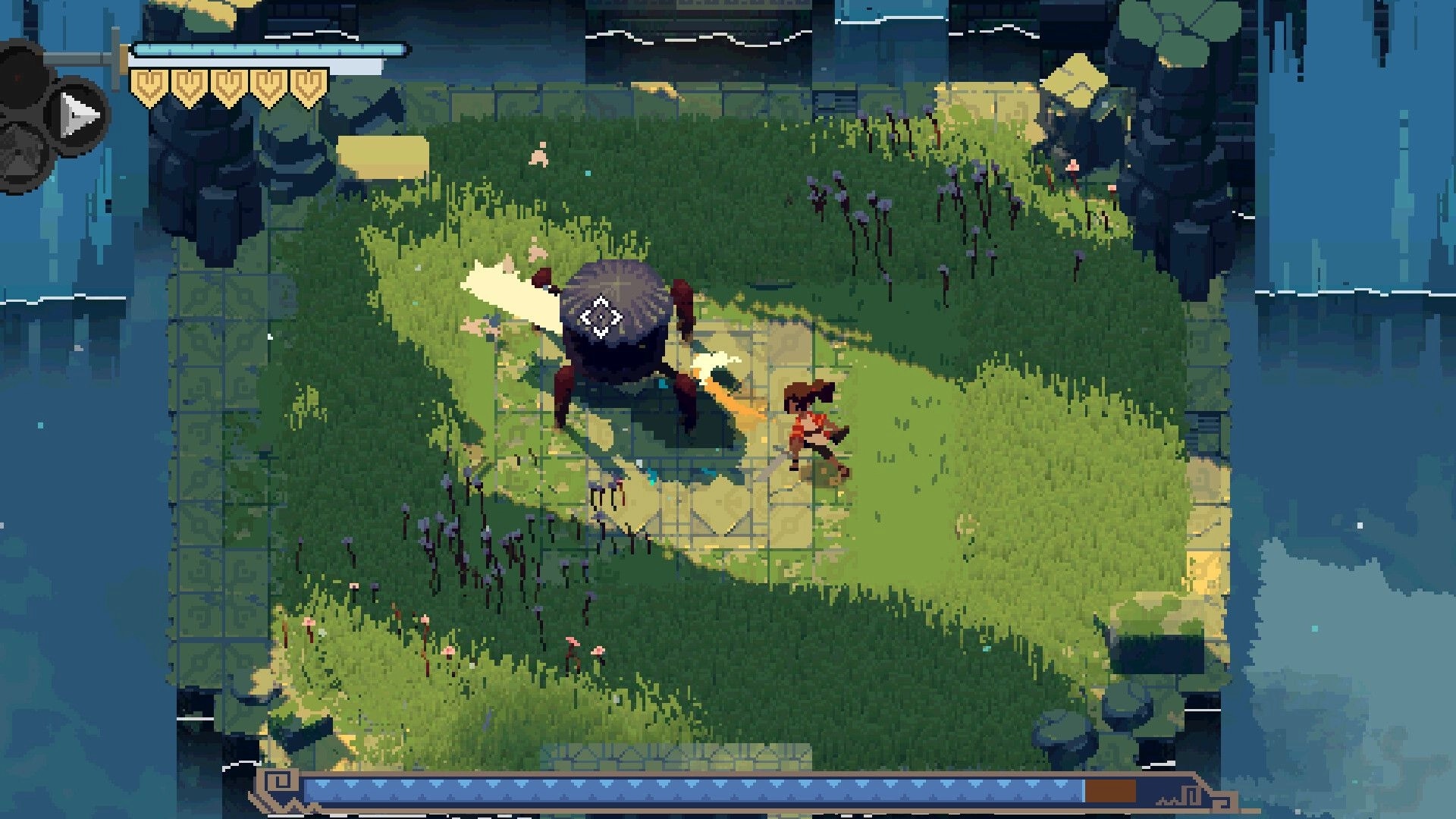 Flooded Burials: Player battles spider-like creature on grassy platform with health bar and controls visible