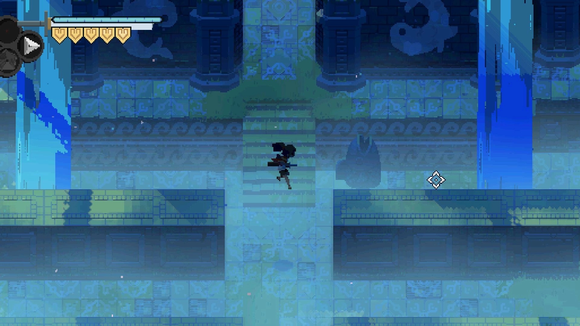 Flooded Burials: Player character jumping across flooded ruins with health icons in top left corner