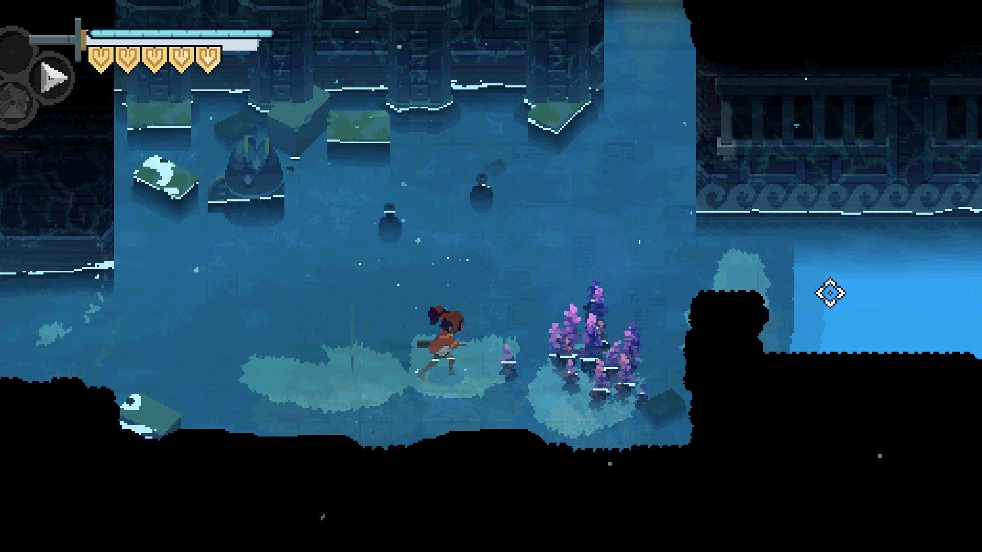 Flooded Burials: Character explores sunken tower room with heart UI and purple coral formations