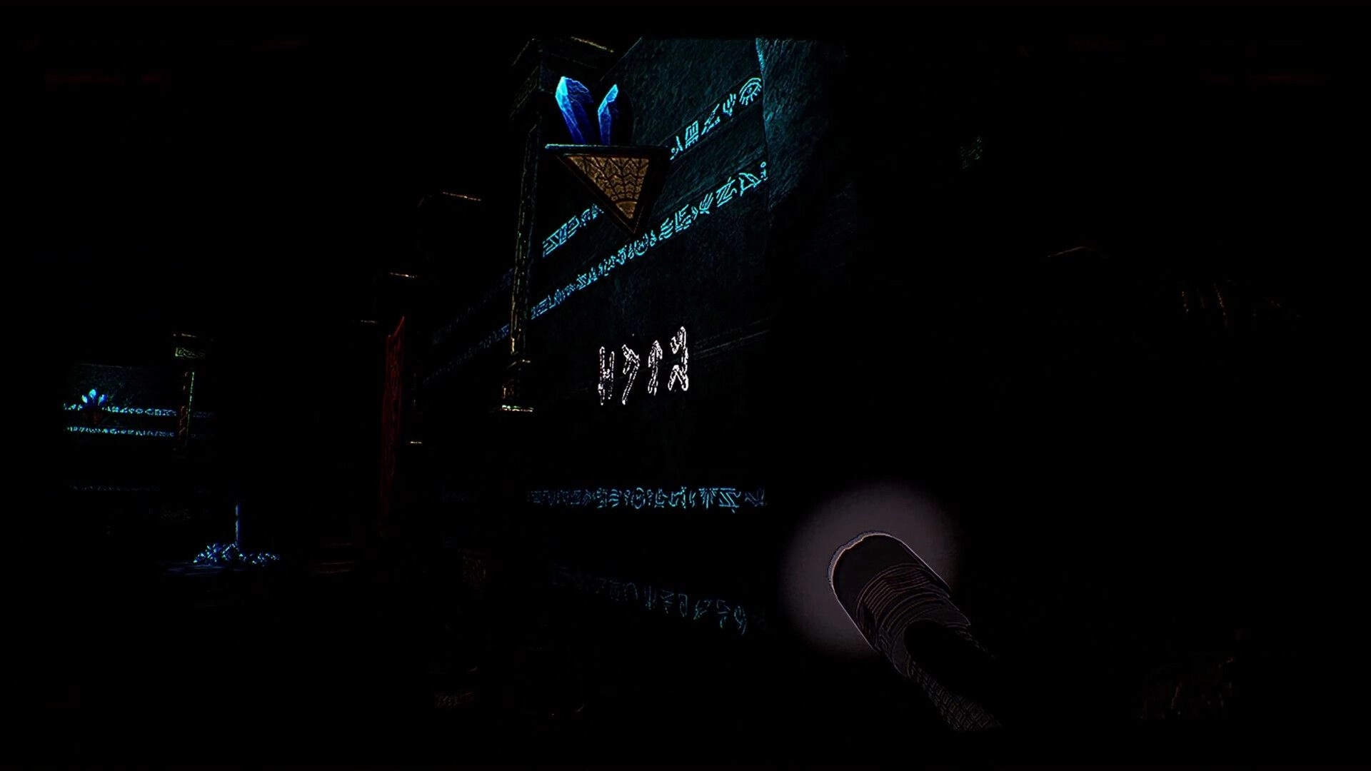 FLOOR 100: Player examines glowing runes with flashlight in dark dungeon corridor