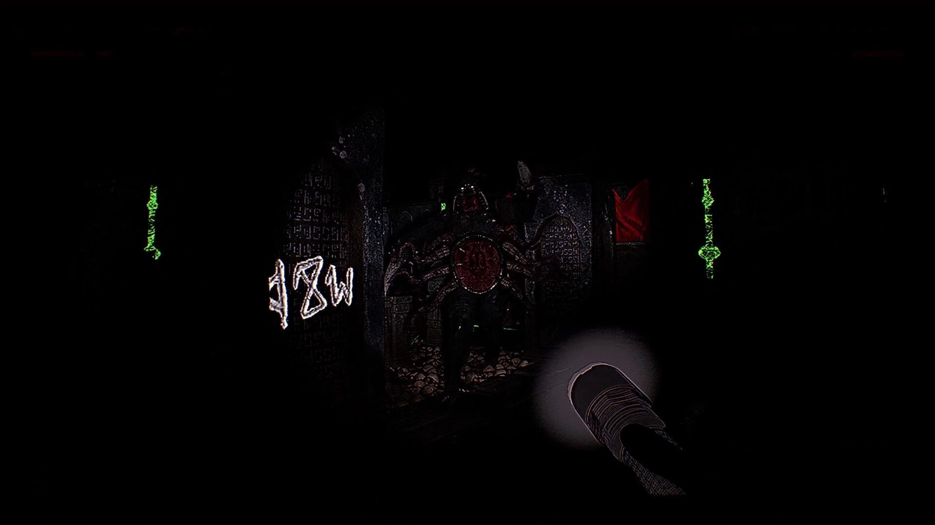 FLOOR 100: Player with flashlight faces spider-like creature in dark dungeon with glowing symbols