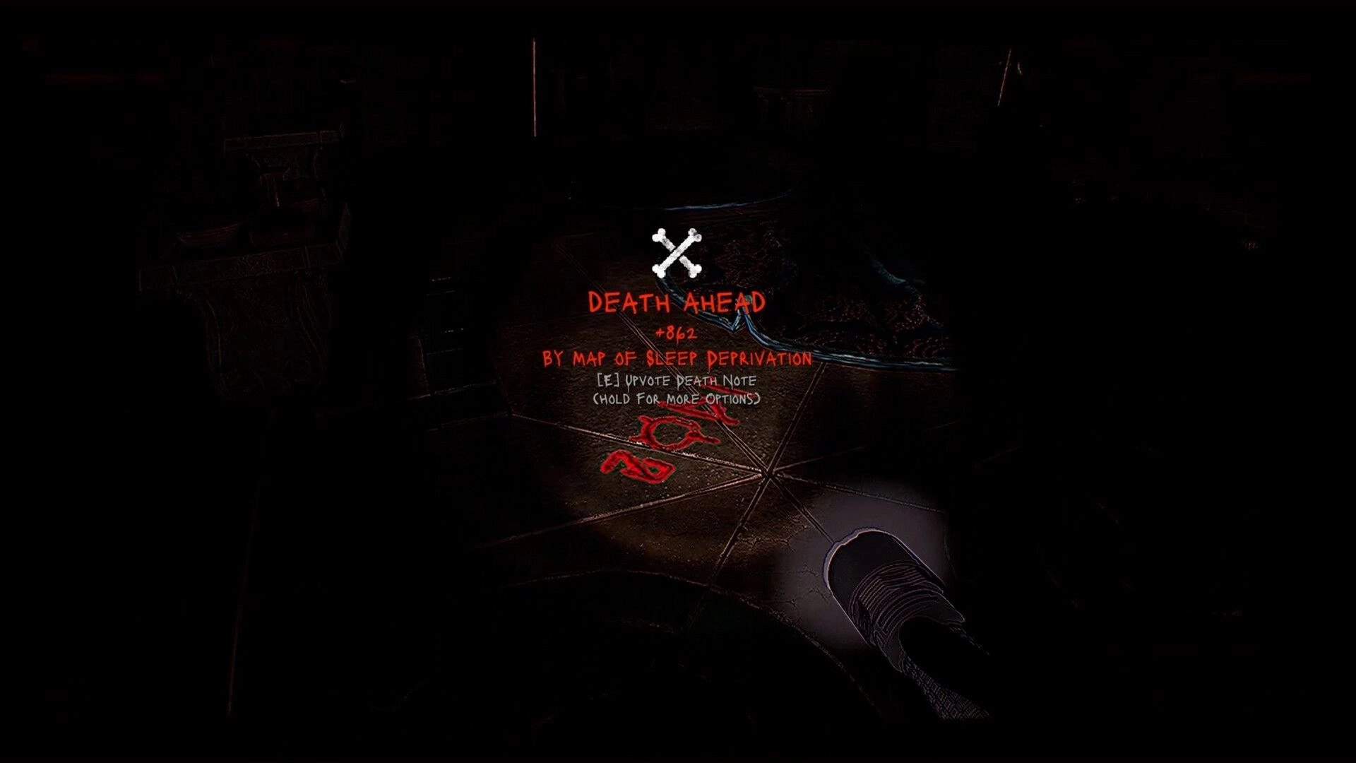 FLOOR 100: Warning note "Death Ahead" illuminated by flashlight in dark, ominous dungeon corridor.