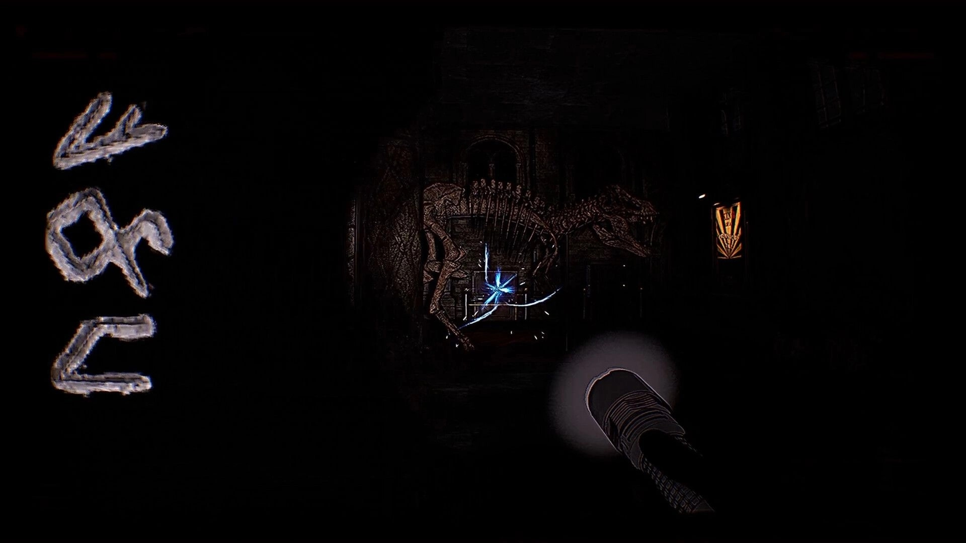 FLOOR 100: Player flashlight reveals dinosaur skeleton and glowing blue portal in dark dungeon corridor.