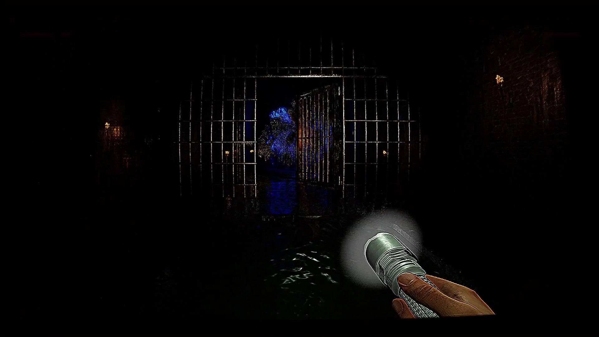 FLOOR 100: Player with flashlight approaches open gate in dark, eerie dungeon corridor.