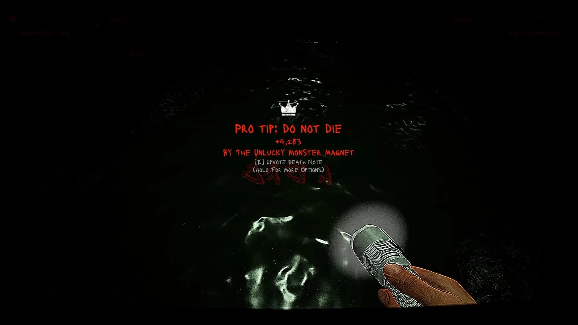 FLOOR 100: Player reads a glowing note saying "Pro Tip: Do Not Die" in a dark, watery cavern.