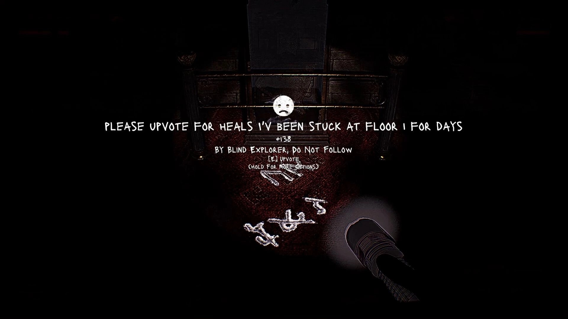 FLOOR 100: Player reads a note for help in a dimly lit dungeon with scattered bones and a flashlight beam.