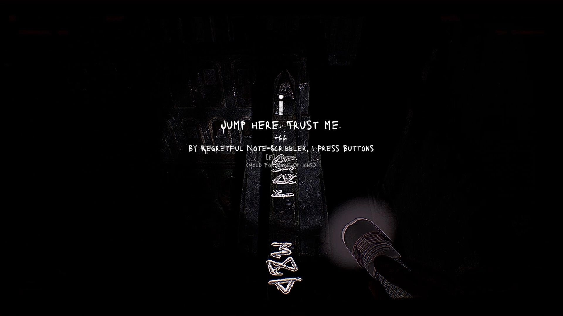 FLOOR 100: Player stands on dark ledge with glowing symbols, note reads "JUMP HERE. TRUST ME."