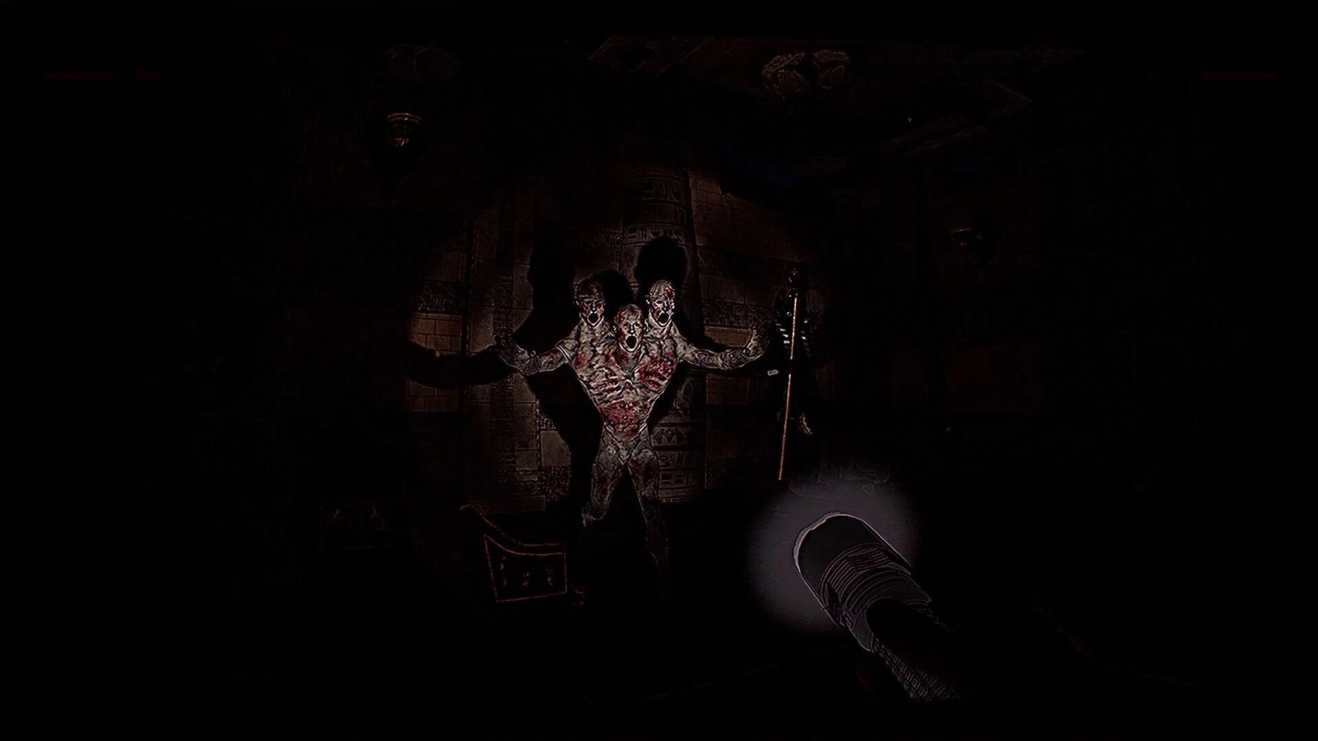 FLOOR 100: Flashlight reveals a three-headed monster in a dark dungeon hallway