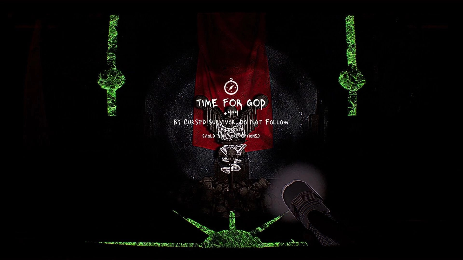 FLOOR 100: Player holds flashlight facing ominous red banner with cryptic message in dark dungeon hallway.